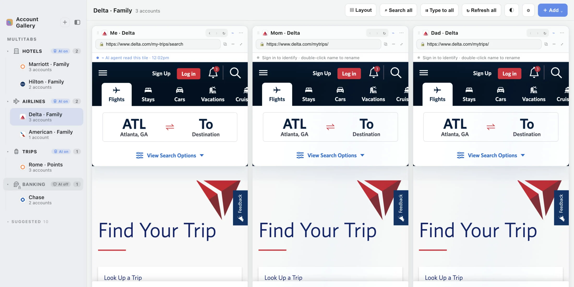 Three real Delta.com logins open side by side in one window, labeled Me, Mom, and Dad, each signed into its own account