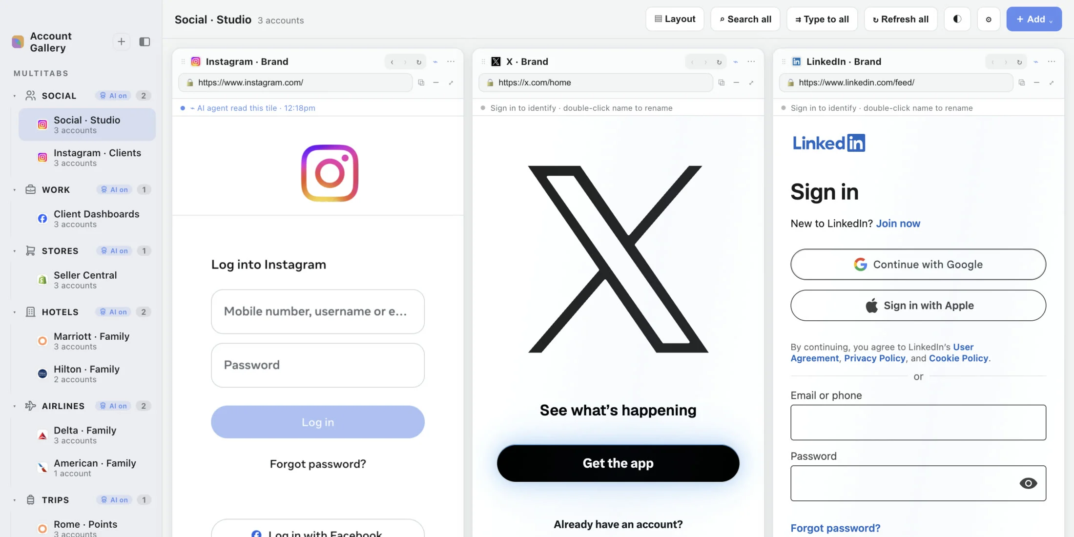 Instagram, X, and LinkedIn sign-in pages open together in three tiles under a Social Studio layout