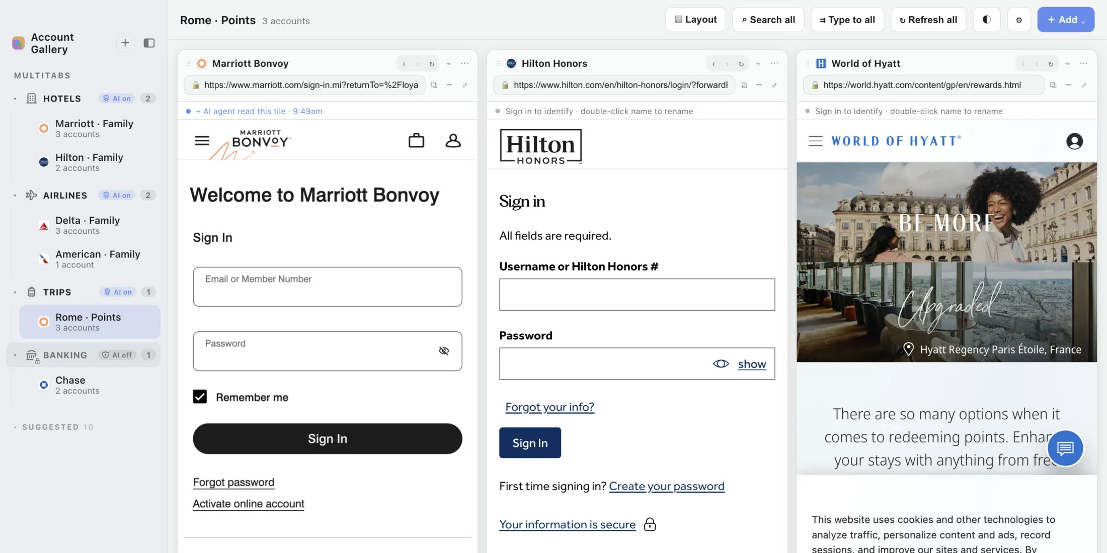 Marriott Bonvoy, Hilton Honors, and World of Hyatt sign-in pages open side by side in one window