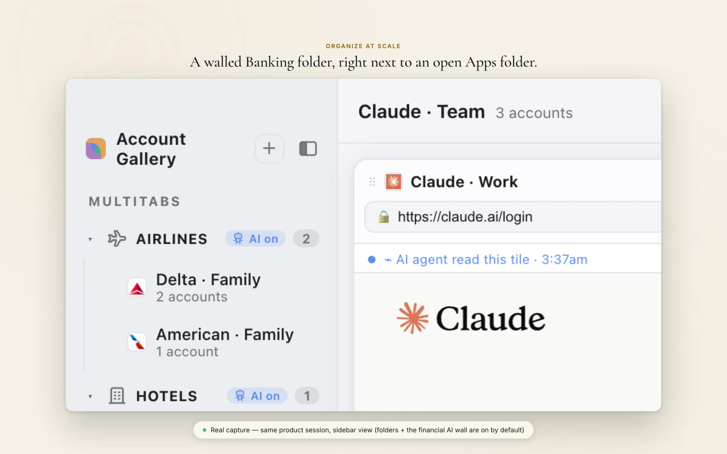 Sidebar showing Airlines and Hotels folders with AI on, next to an open Claude Work tile, real app capture