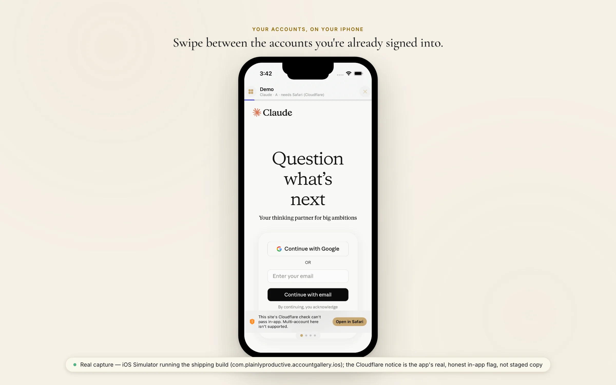 iOS Simulator running the shipping TestFlight build, mid-swipe to a Claude account sign-in screen