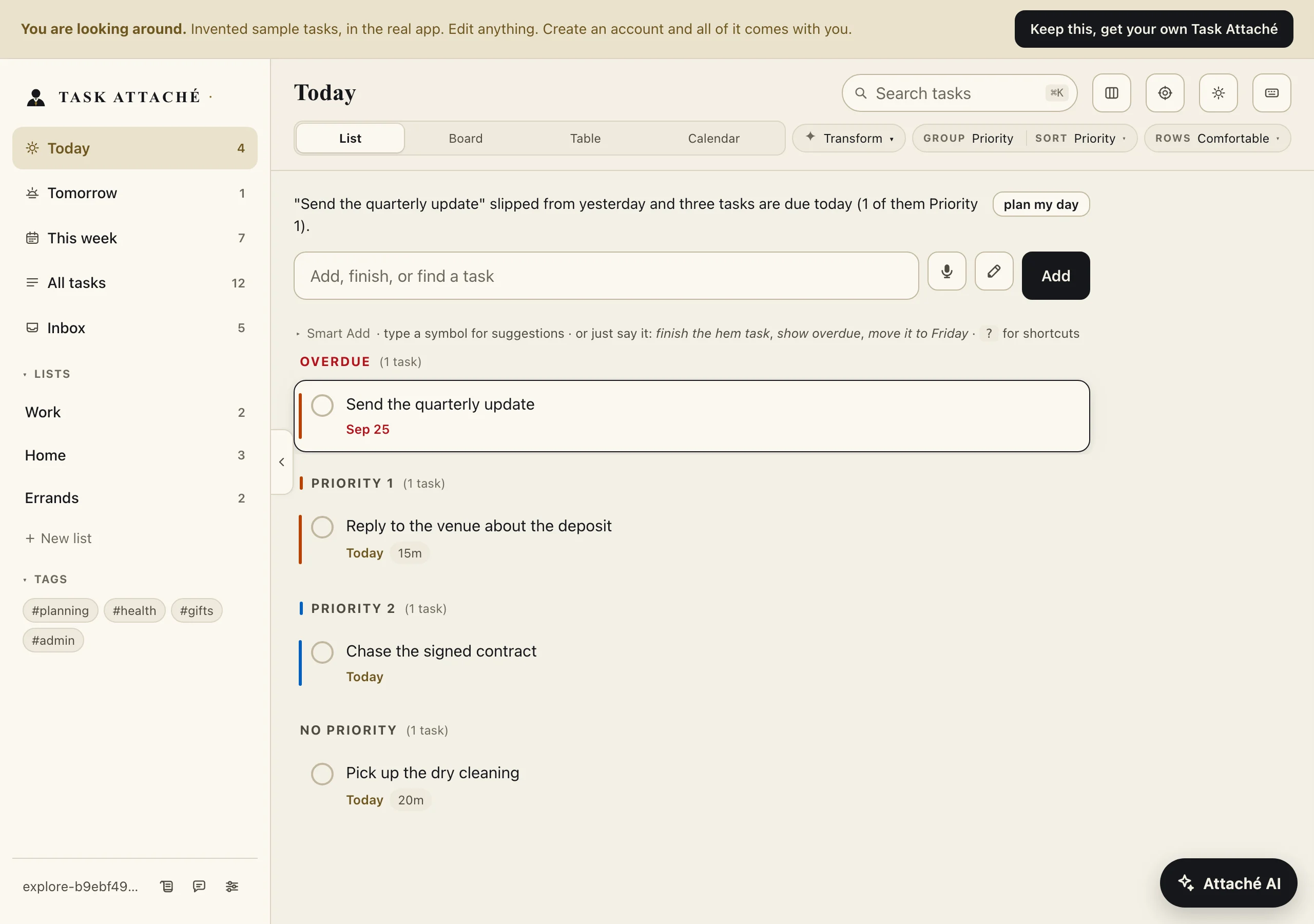 Task Attache's Today list view with an overdue task, priority-grouped tasks, a smart-add bar, and a plan my day button.