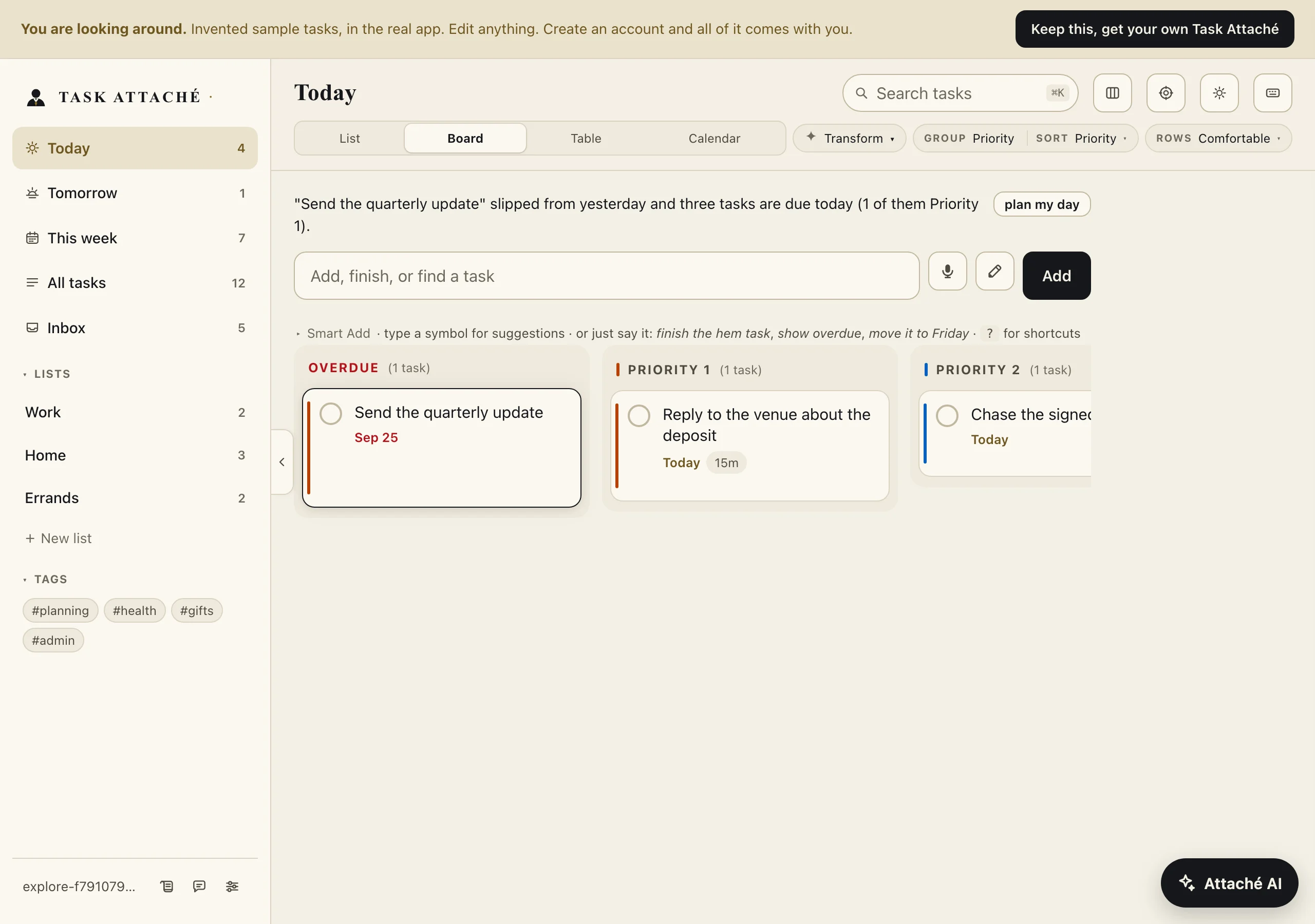 Task Attache's Board view showing the same Today tasks as columns for Overdue, Priority 1, and Priority 2.