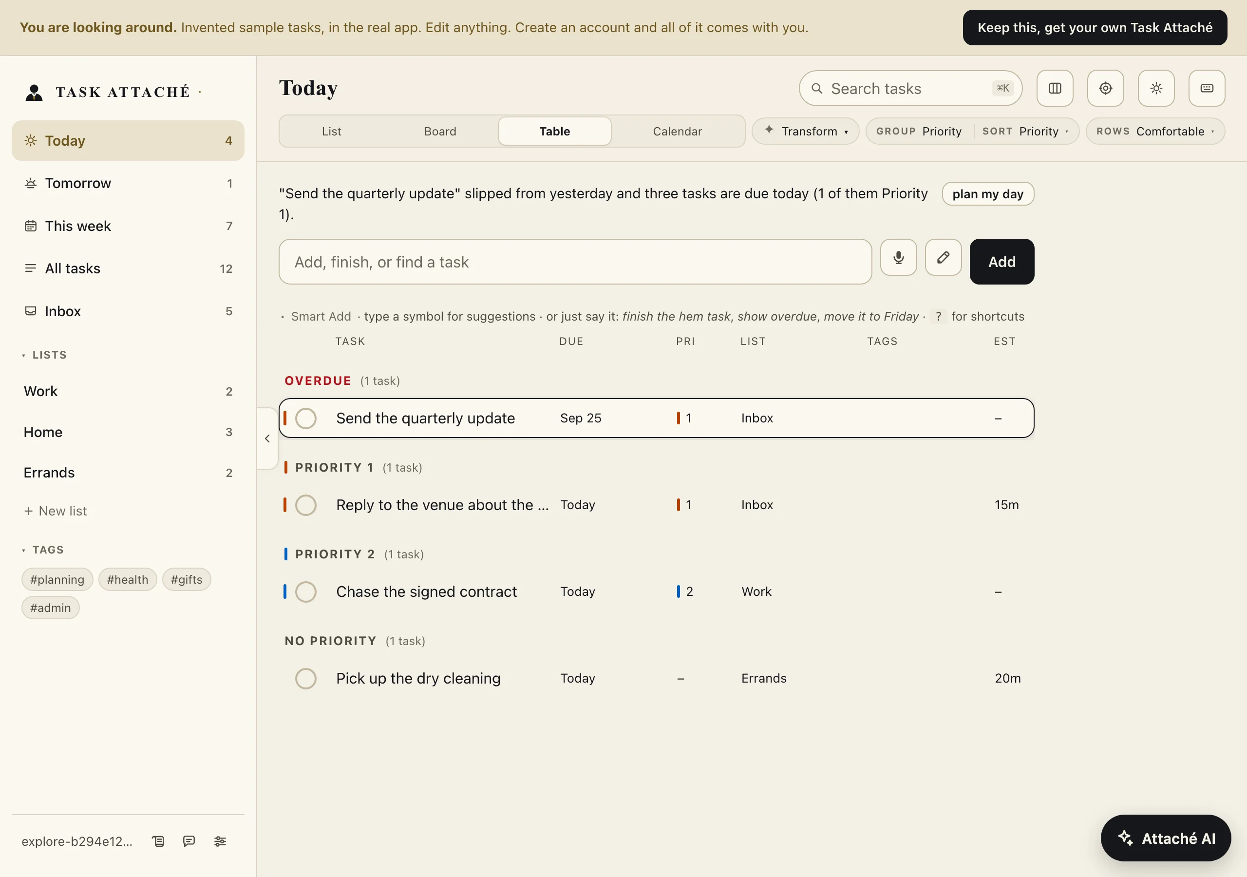 Task Attache's Table view listing tasks with columns for due date, priority, list, tags, and time estimate.