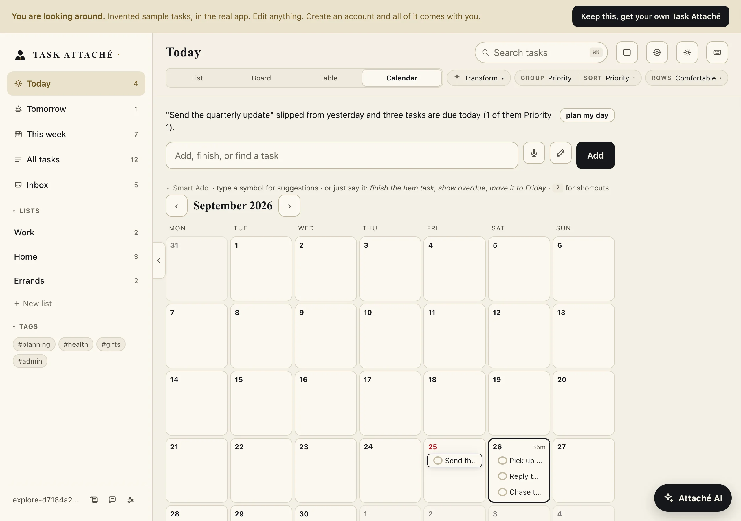 Task Attache's Calendar view for September 2026 with tasks placed on their due dates, including three stacked on one day.