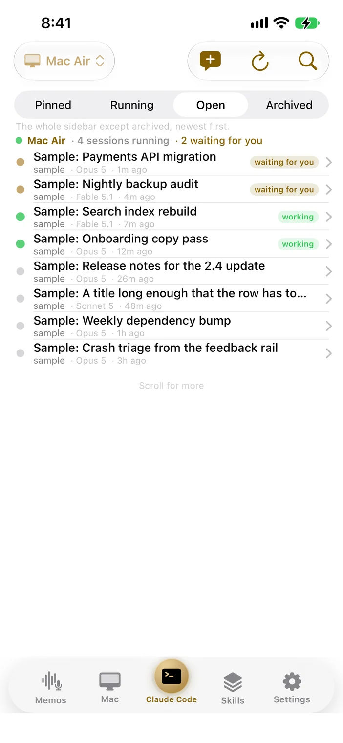 Agent Companion on iPhone listing sample sessions on a Mac with pinned, running, open, and archived tabs