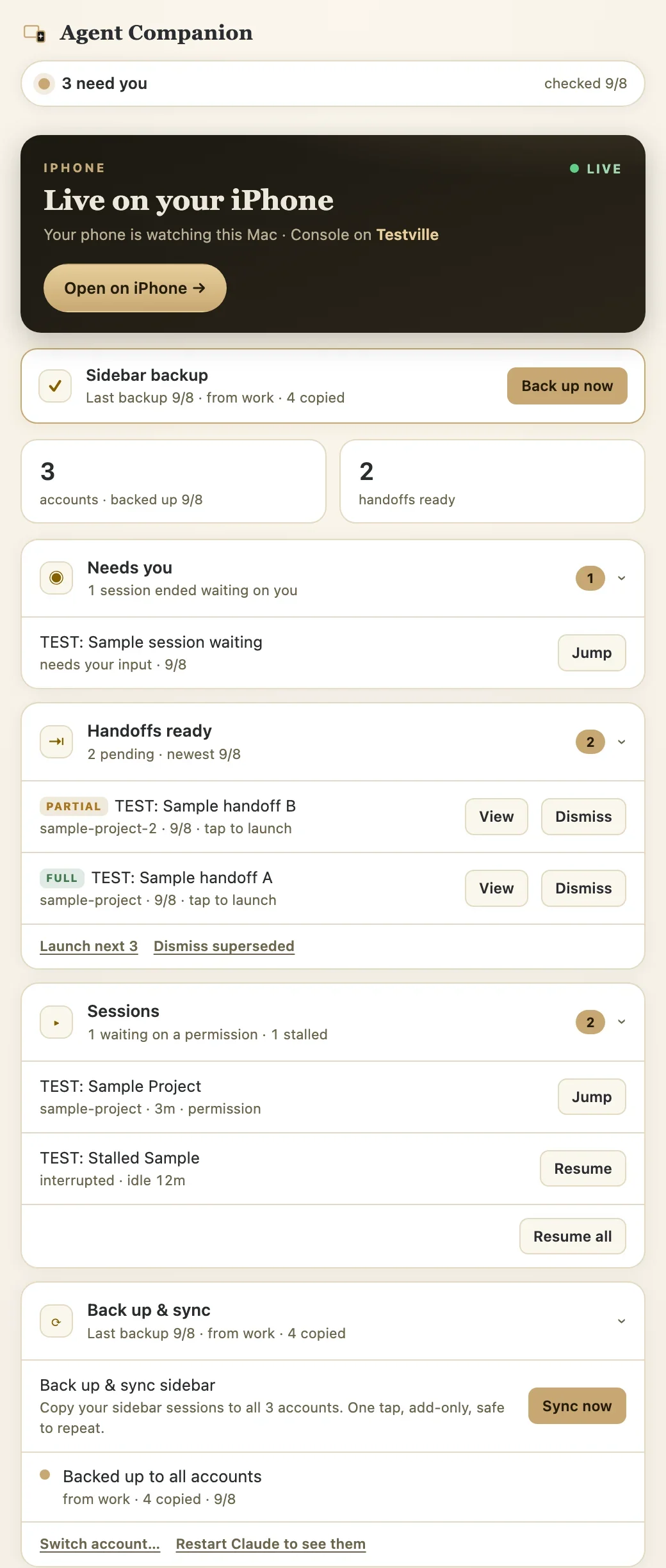Agent Companion Mac panel showing live iPhone status, sidebar backup, handoffs ready, and sessions that need you