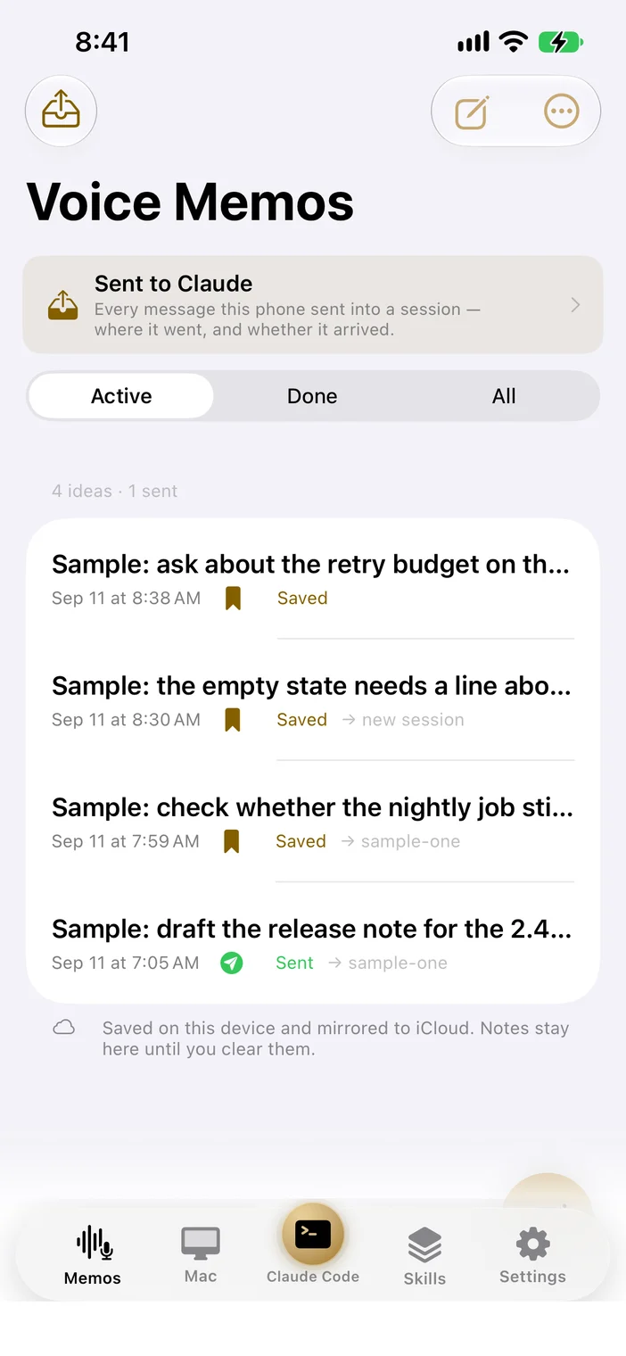 Agent Companion Voice Memos screen listing four sample ideas marked saved or sent to Claude