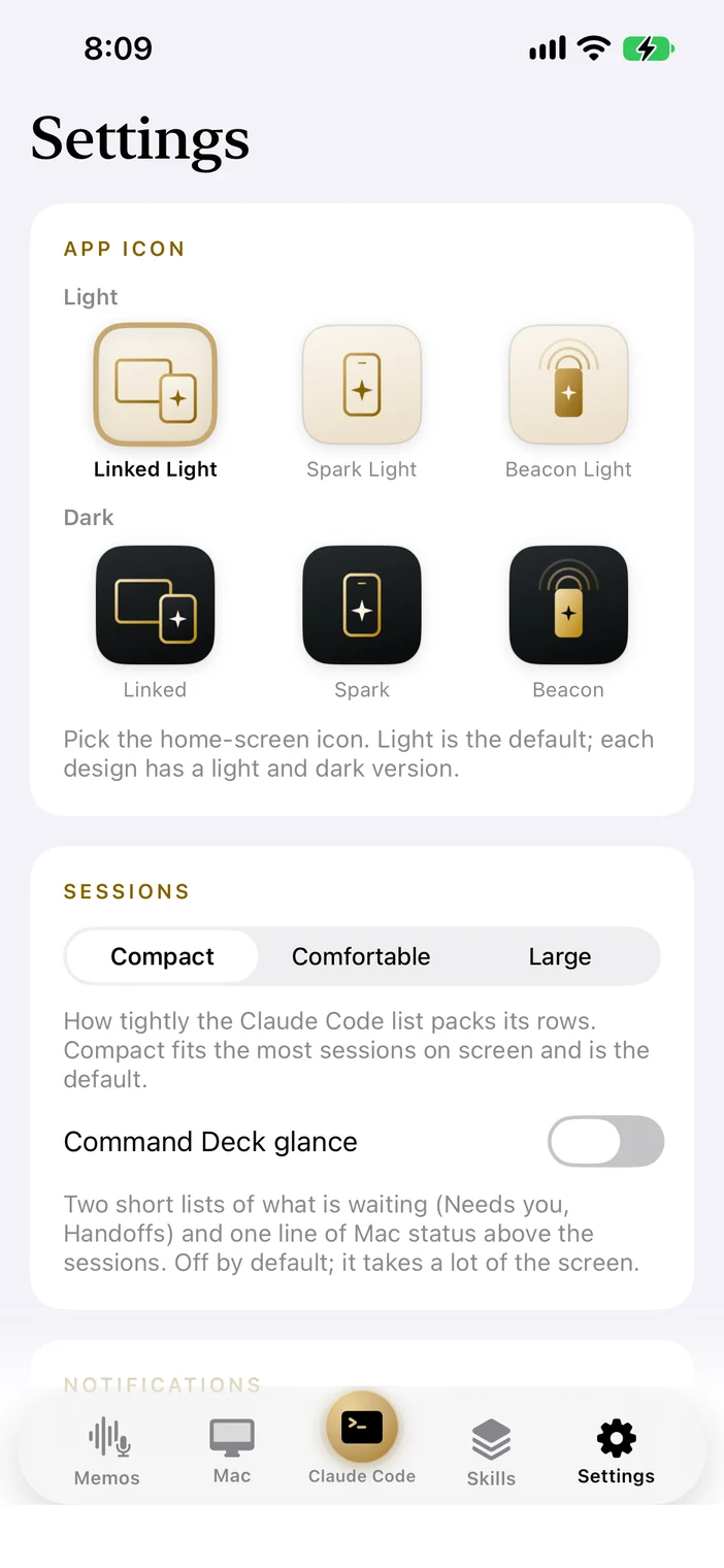 Agent Companion iPhone settings with light and dark app icon choices and a session row density control