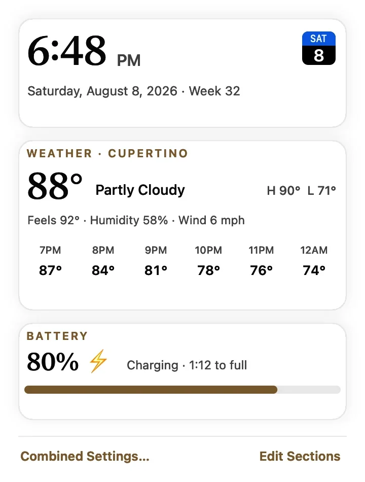 StageMenu's stage cards window showing the time and date, Cupertino weather forecast, and battery charge with time to full