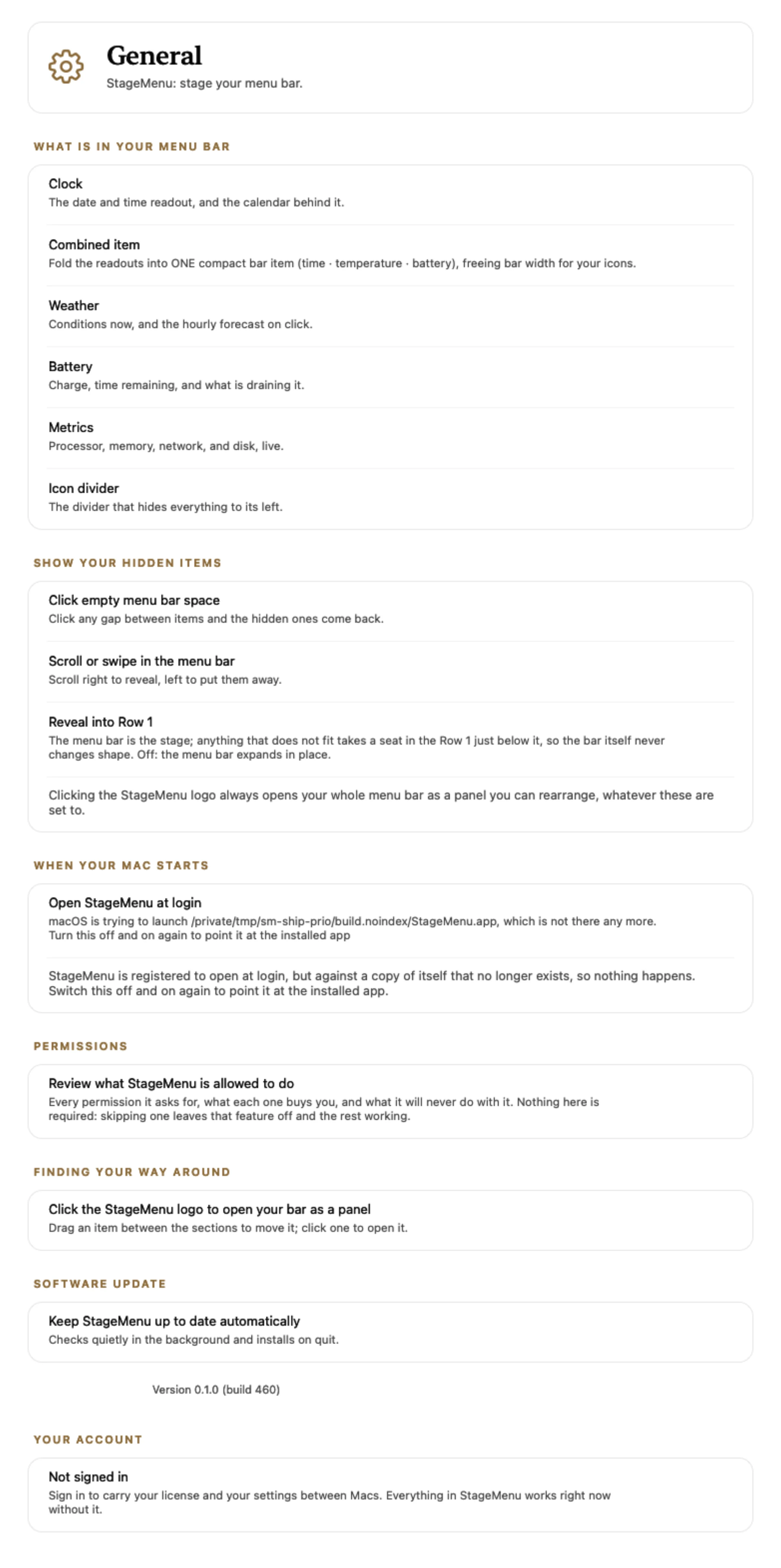 StageMenu's General settings pane listing the clock, combined item, weather, battery, metrics, and icon divider that make up the menu bar