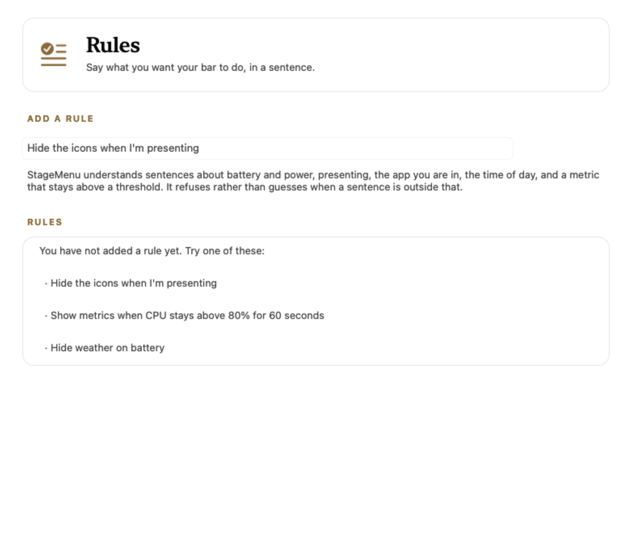 StageMenu's Rules pane with a plain-English rule field and three example sentences like hide the icons when I'm presenting