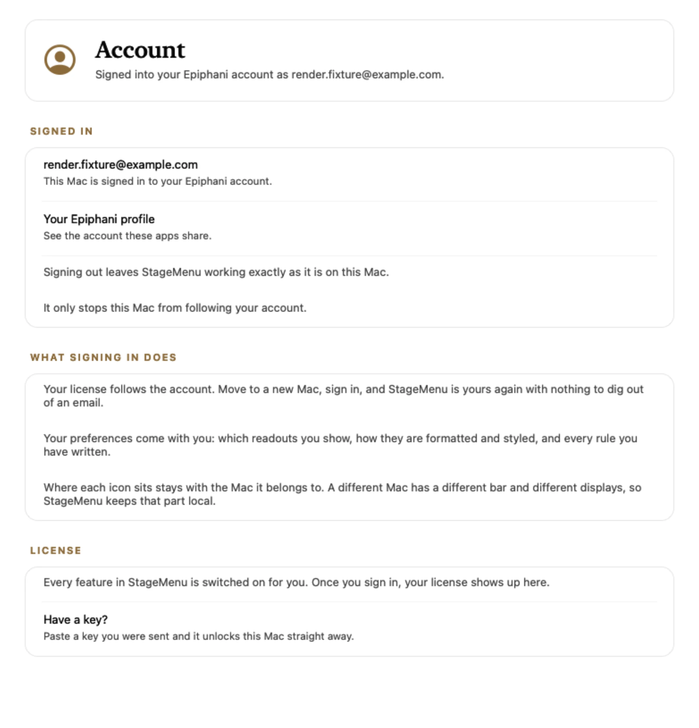 StageMenu's Account pane showing a signed-in Epiphani account, with what signing in carries between Macs and the license section