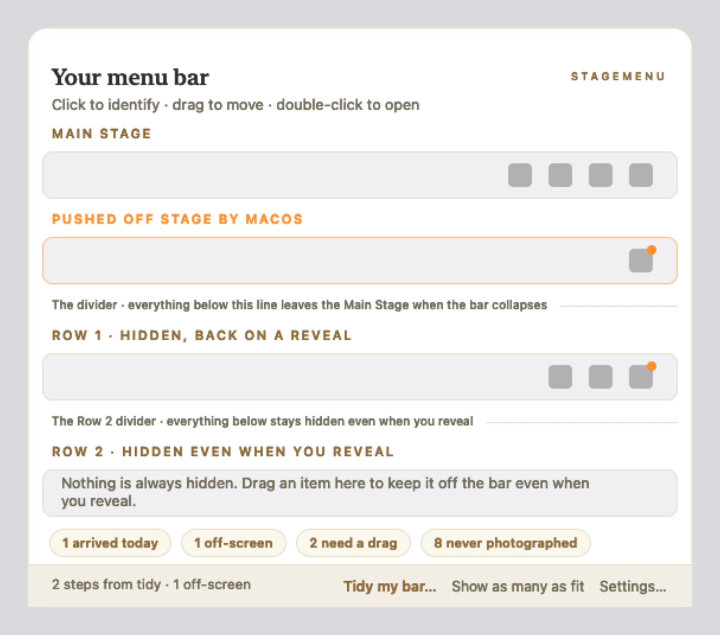 The StageMenu dropdown panel showing the main stage, items pushed off stage by macOS, and hidden rows with drag targets