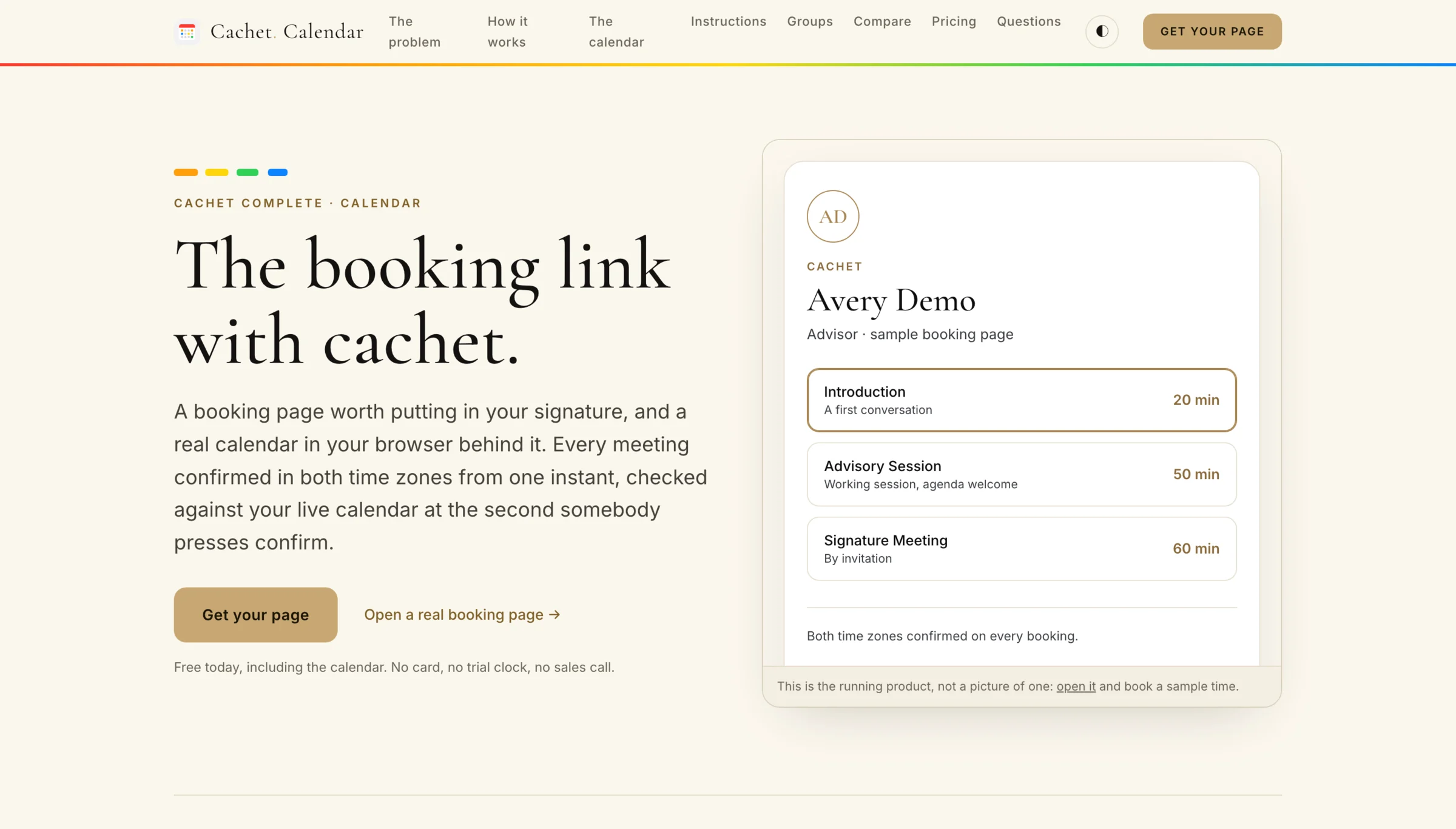 The Cachet Calendar home page beside a sample booking page for Avery Demo with three meeting types
