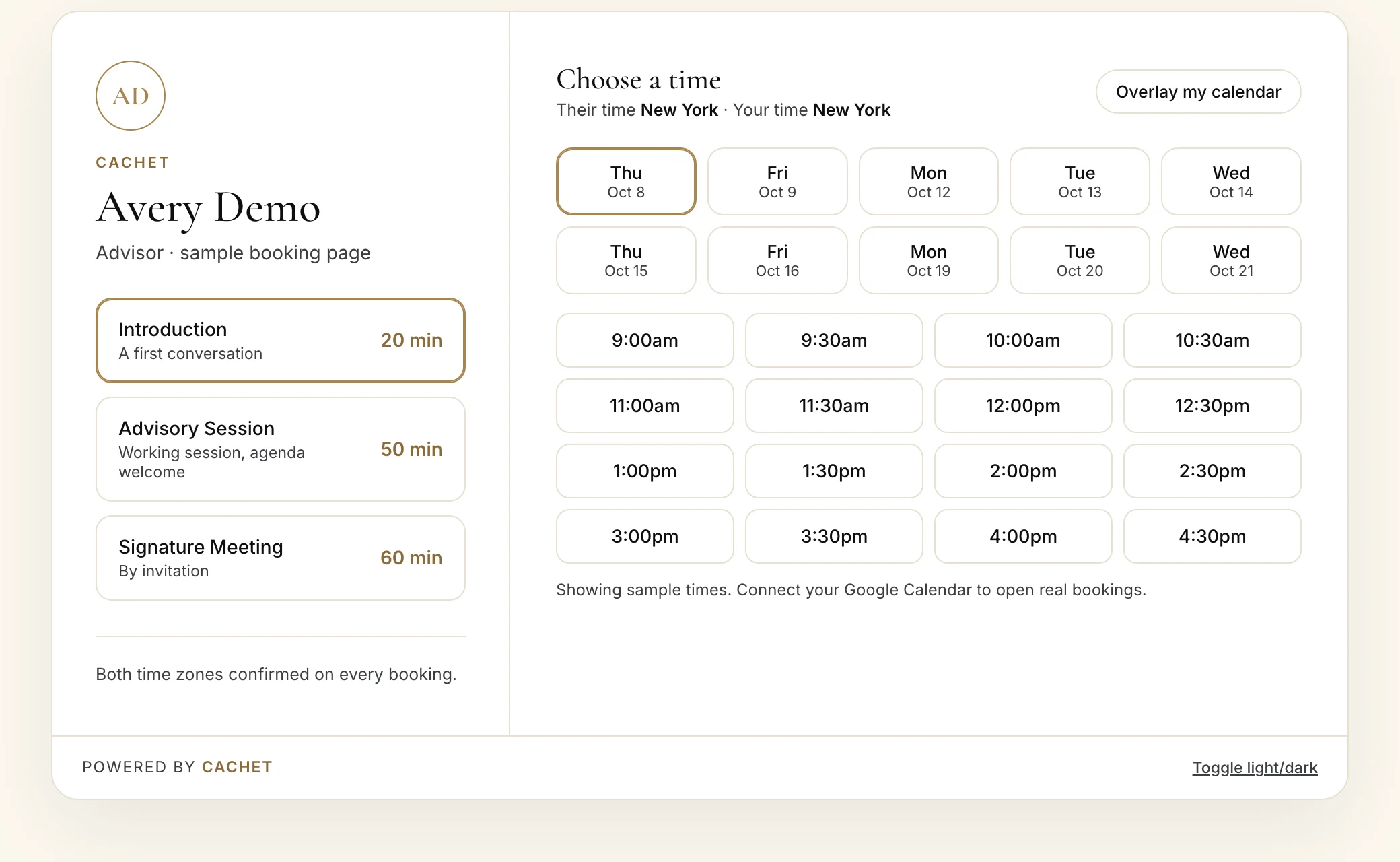 A Cachet Calendar booking page with three meeting types, two weeks of days, half-hour times, and both time zones shown
