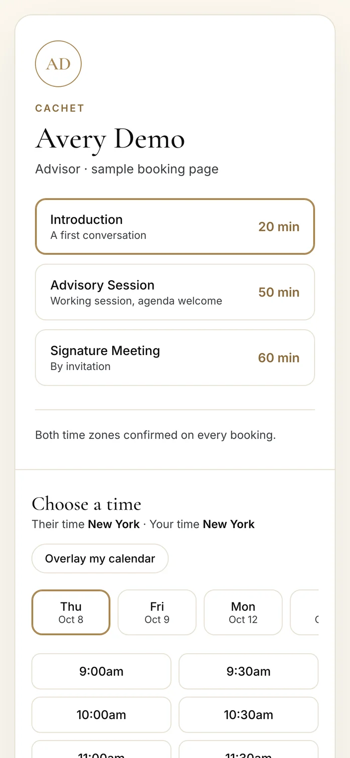 The Cachet Calendar booking page on a phone with meeting types, a day strip, and a grid of times