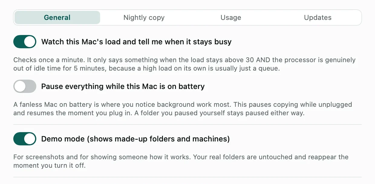 Cachet Drive Settings on the General tab with switches for watching load, pausing on battery, and demo mode