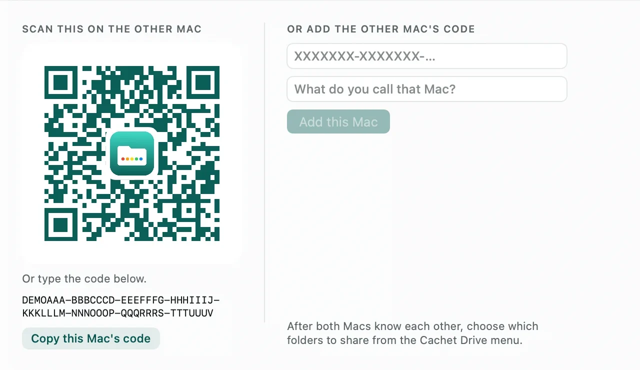 The Pair another Mac window with a branded QR code, a code to copy, and fields to add the other Mac's code