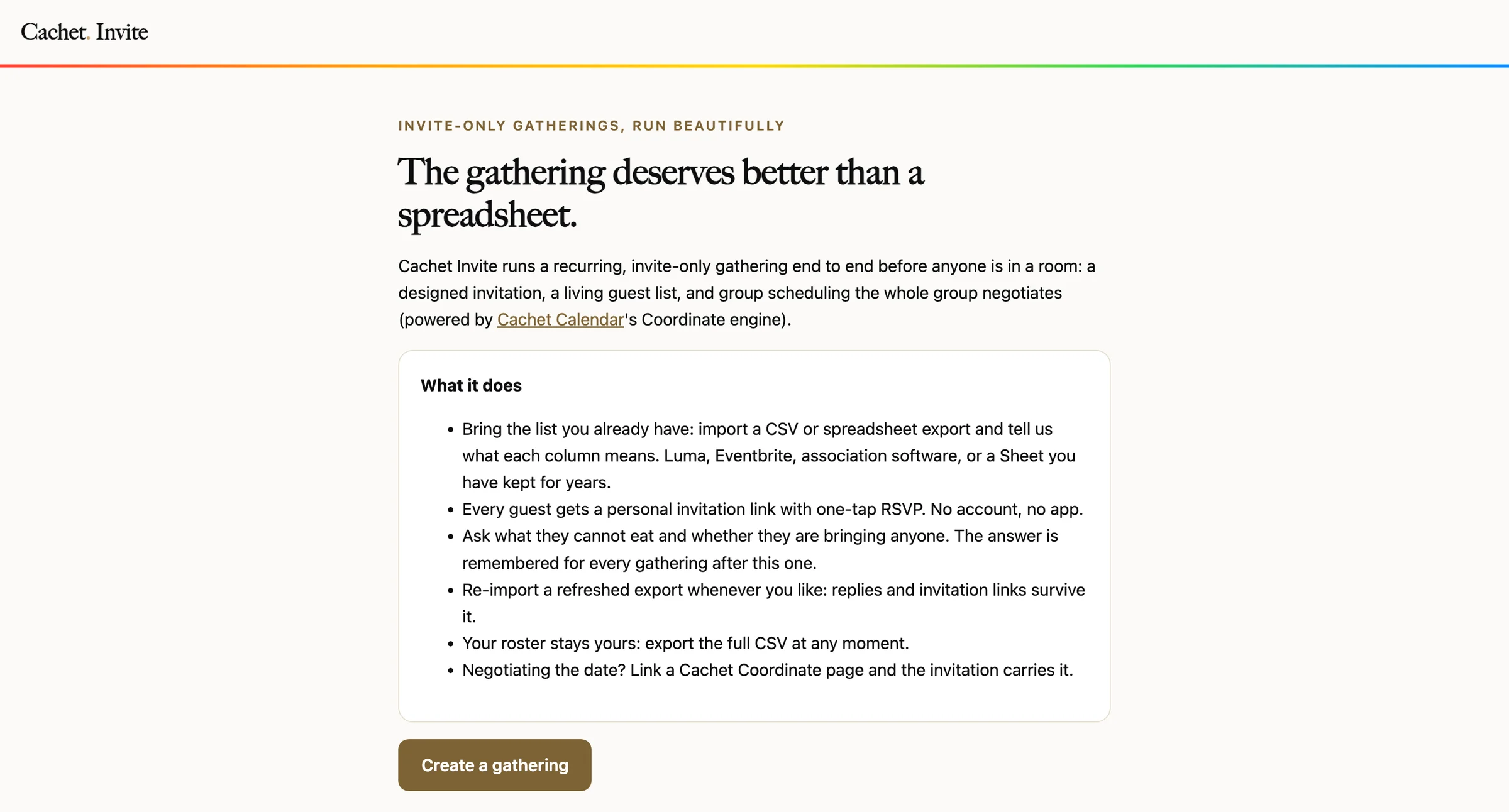 The Cachet Invite home page with its headline, a summary of what it does, and the Create a gathering button