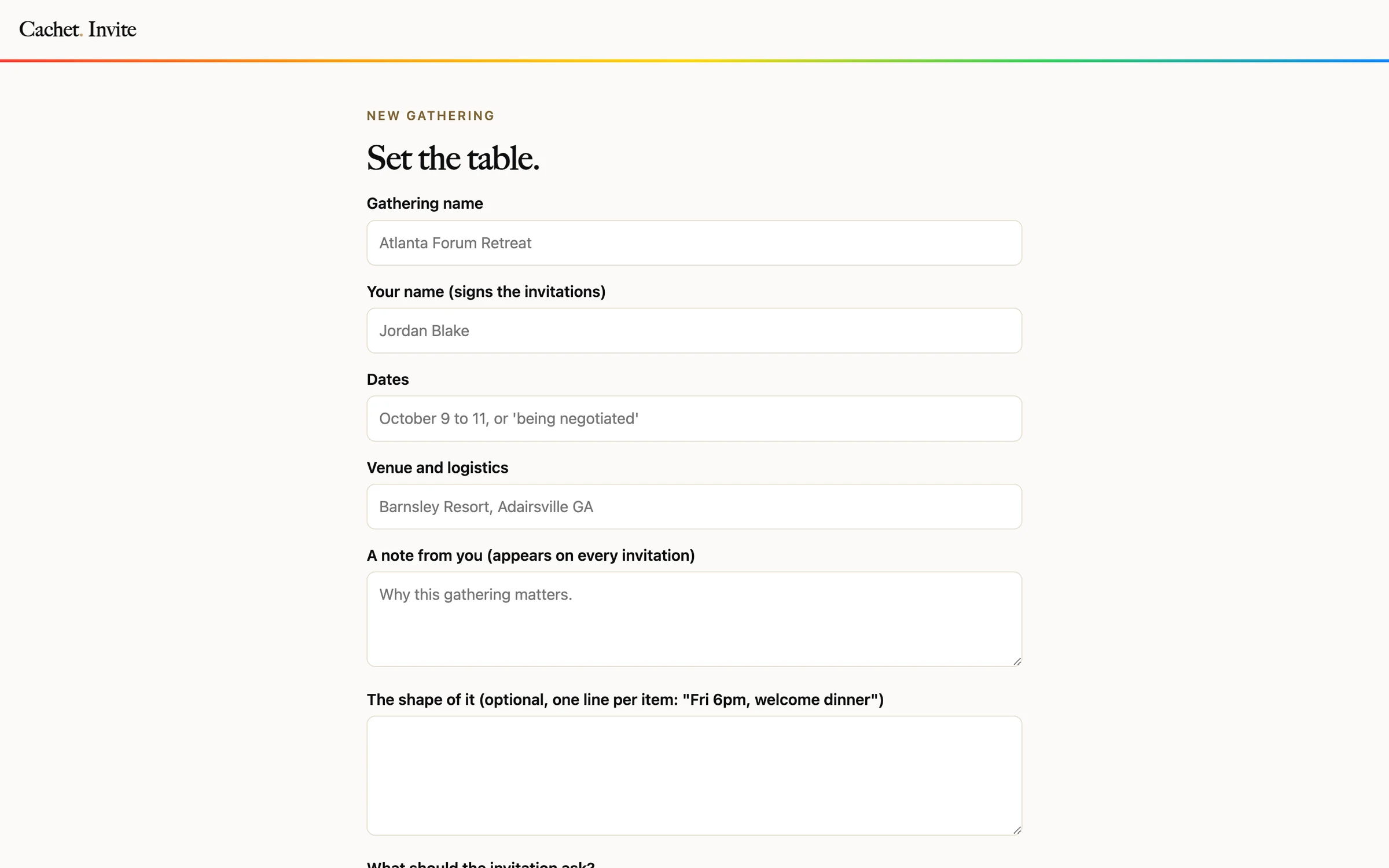 The Cachet Invite new gathering form with fields for name, dates, venue, a note to guests, and the shape of the event