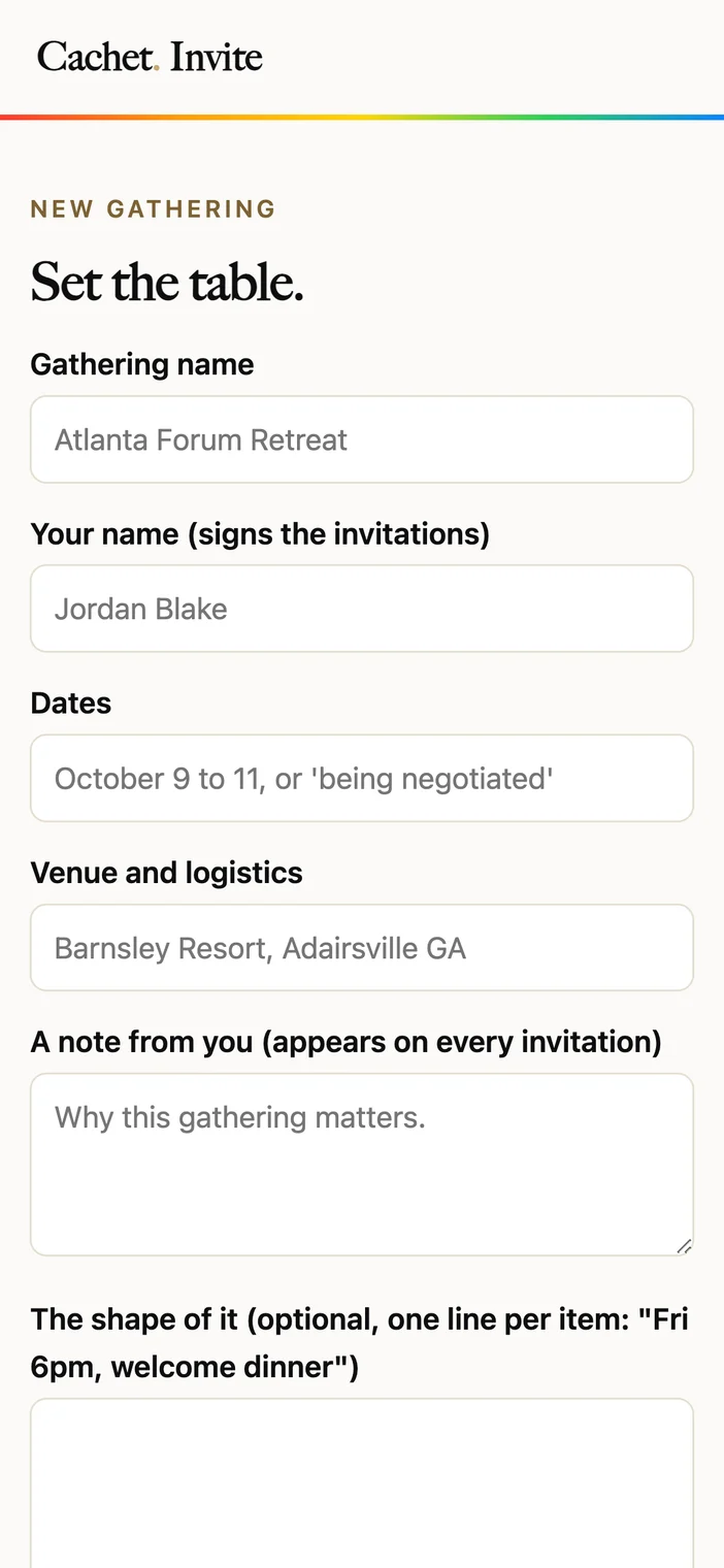 The Cachet Invite new gathering form on a phone with large fields for the gathering name, dates, and venue