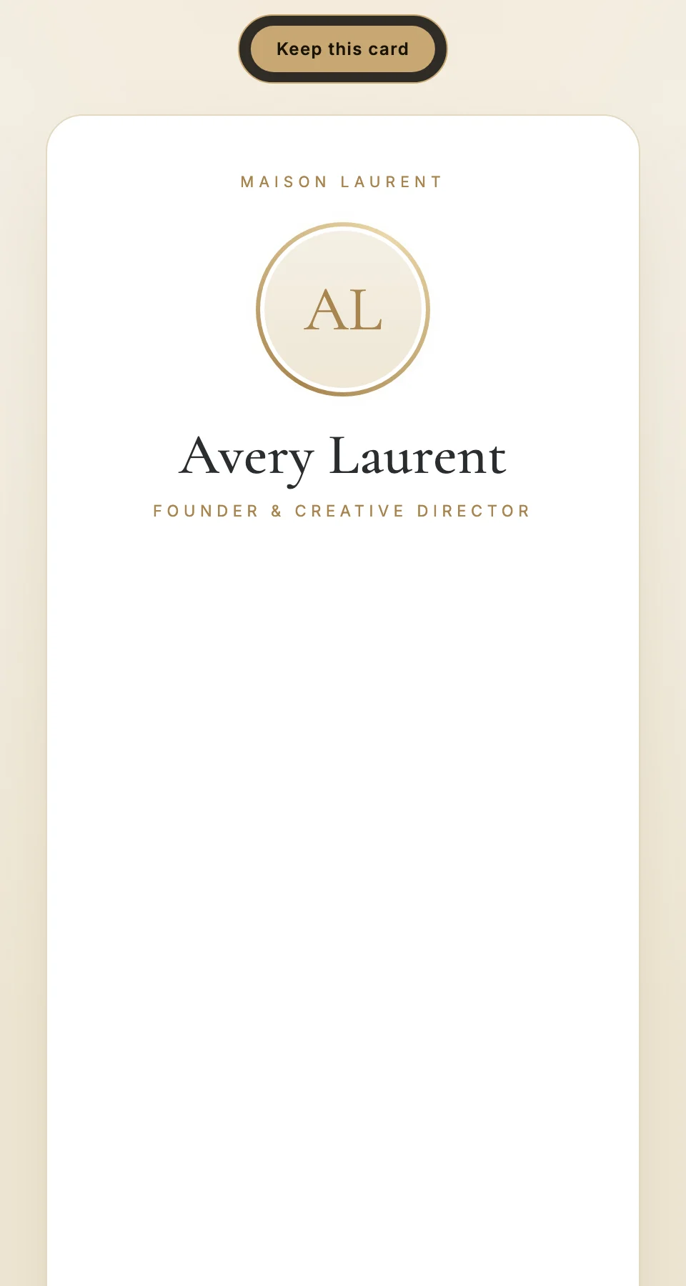 The flagship Cachet Card design open on a phone screen, showing Avery Laurent's monogram, name, and a gold Keep this card button.