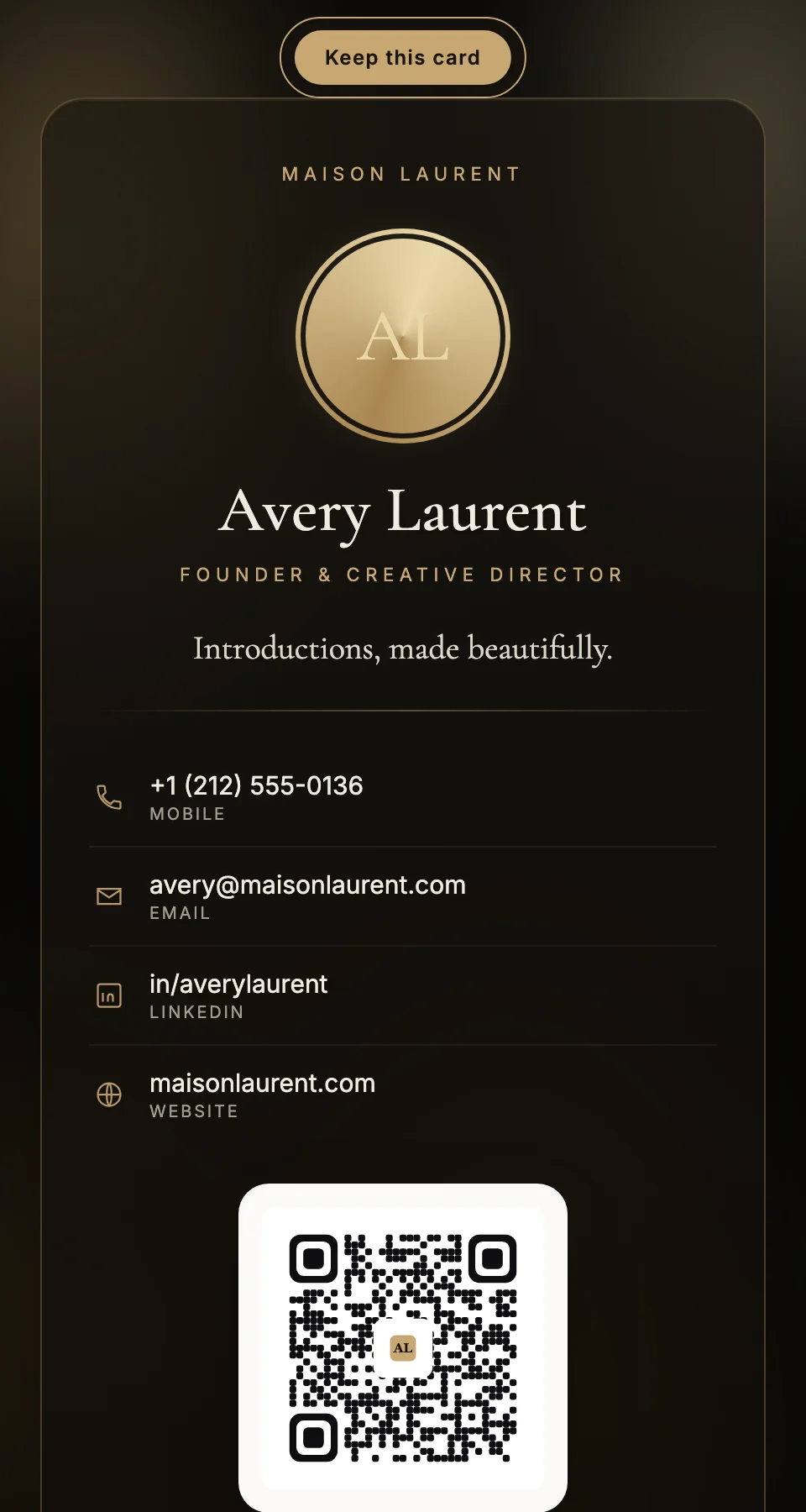 The Aurora dark-mood card design with a gold monogram circle, contact rows for phone, email, LinkedIn, and a QR seal.