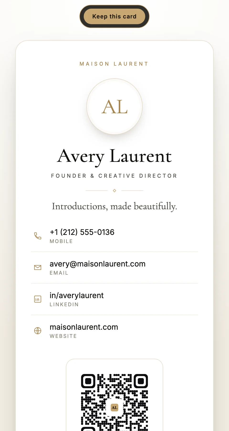 The Aman editorial card design in ivory with a bordered monogram, contact rows, and a monogrammed QR seal at the bottom.