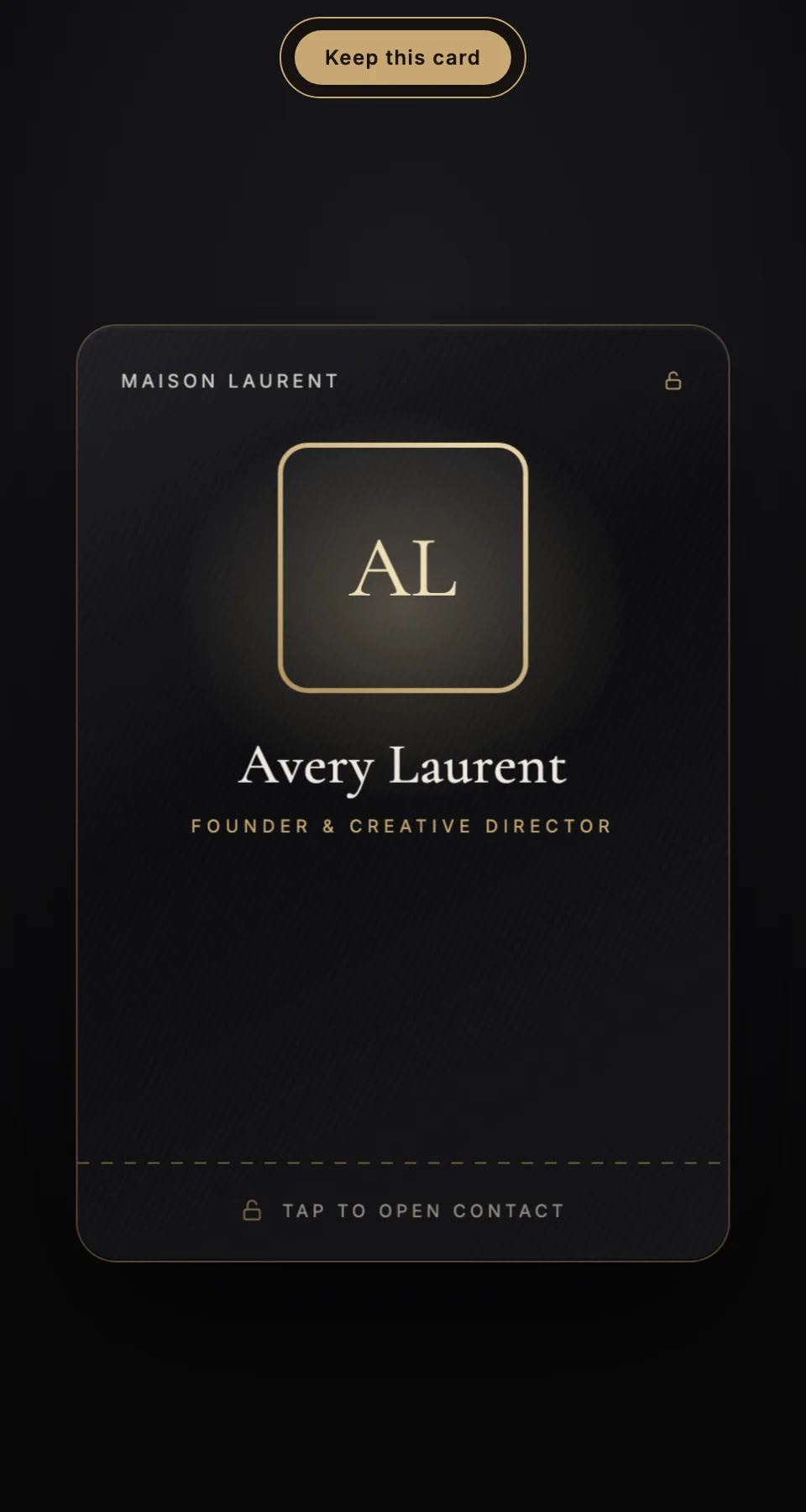 The Key keepsake card design, a black foil card with a lock icon and a tap to open contact prompt before reveal.