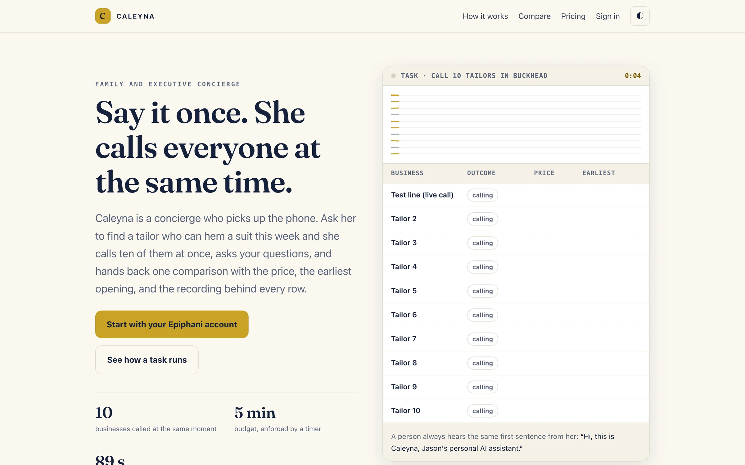 The Caleyna website hero showing a ten-lane task table of tailors being called at once, beside the headline Say it once