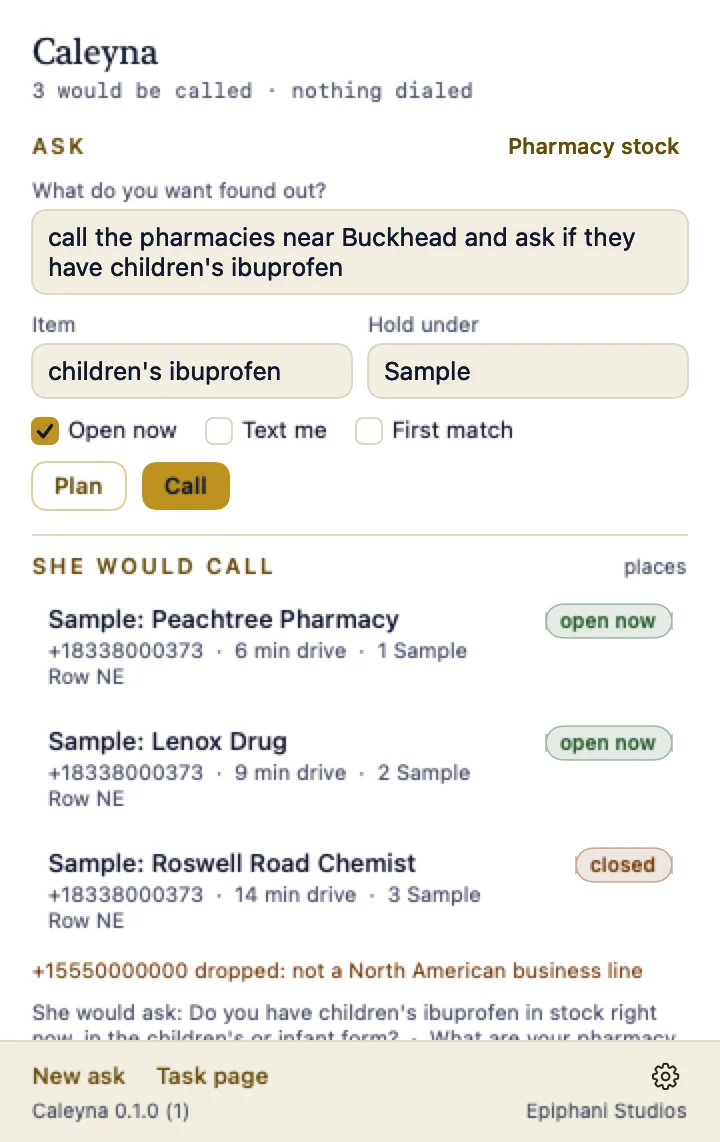 The Caleyna Mac panel showing a plan of three sample pharmacies she would call, with the questions she would ask