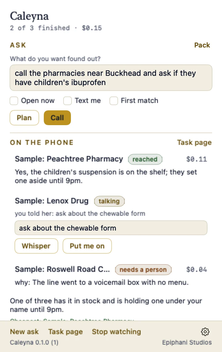 The Caleyna Mac panel mid-task with each pharmacy marked reached, talking, or needs a person, and a one-line result