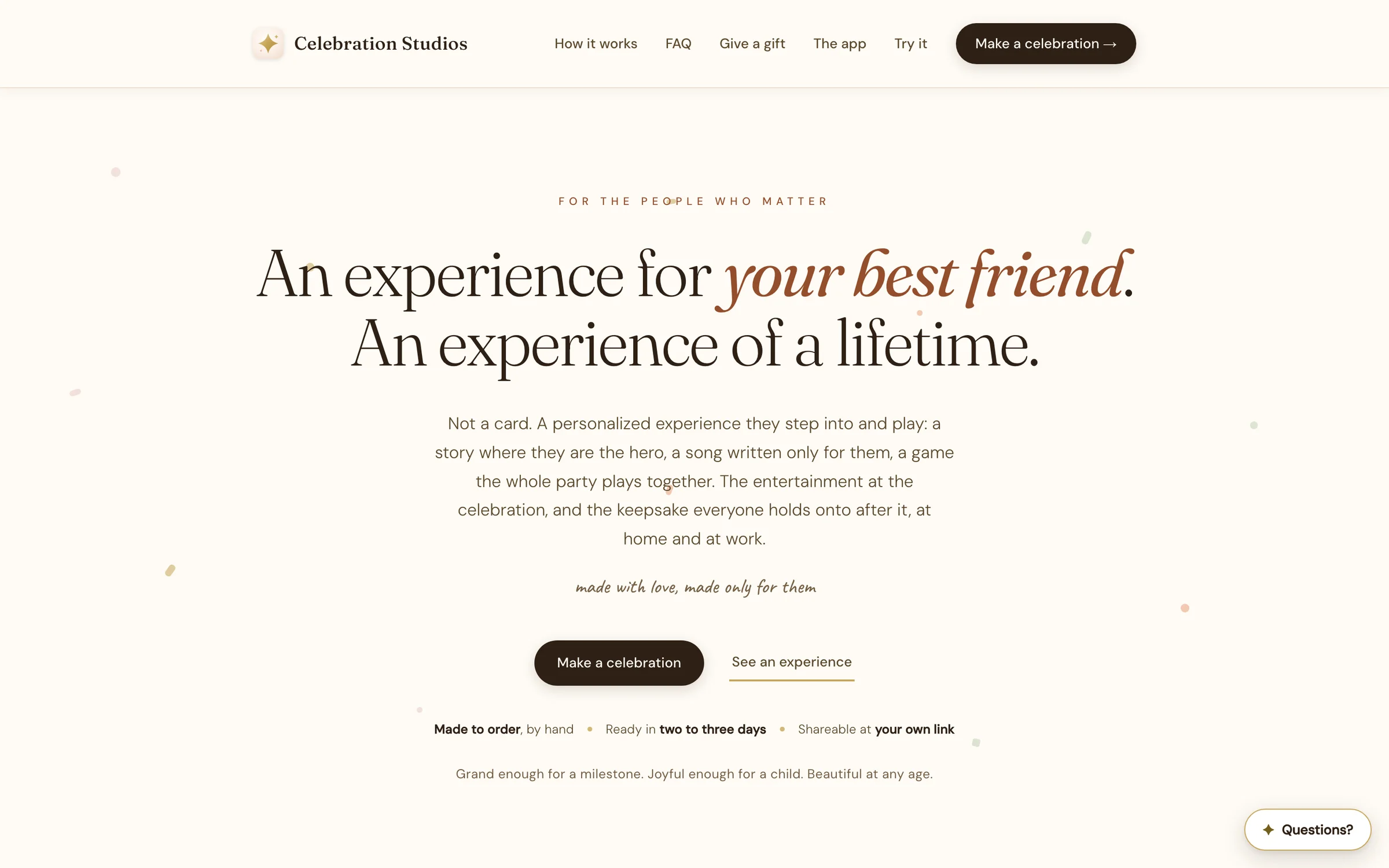 The Celebration Studios home page with the headline An experience for your best friend and a Make a celebration button