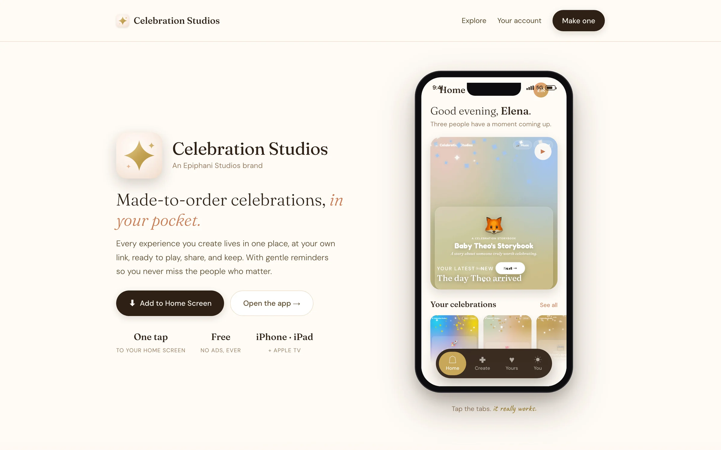 The Celebration Studios app preview on a phone showing a Home screen with an upcoming celebration and a sample storybook