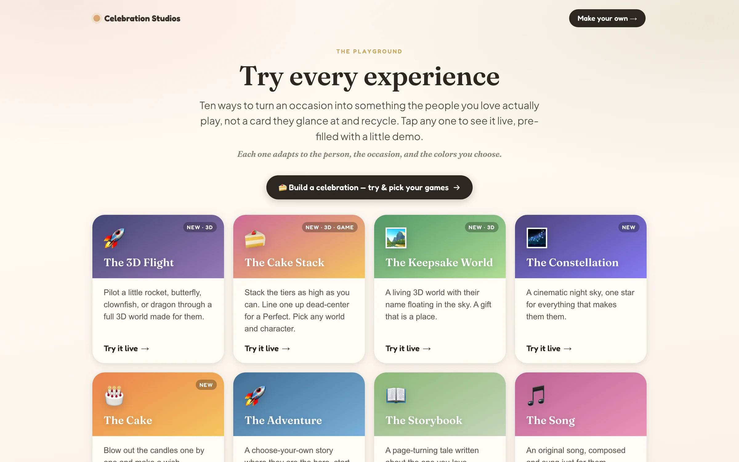 The Try every experience page with cards for The 3D Flight, The Cake Stack, The Keepsake World, and The Constellation