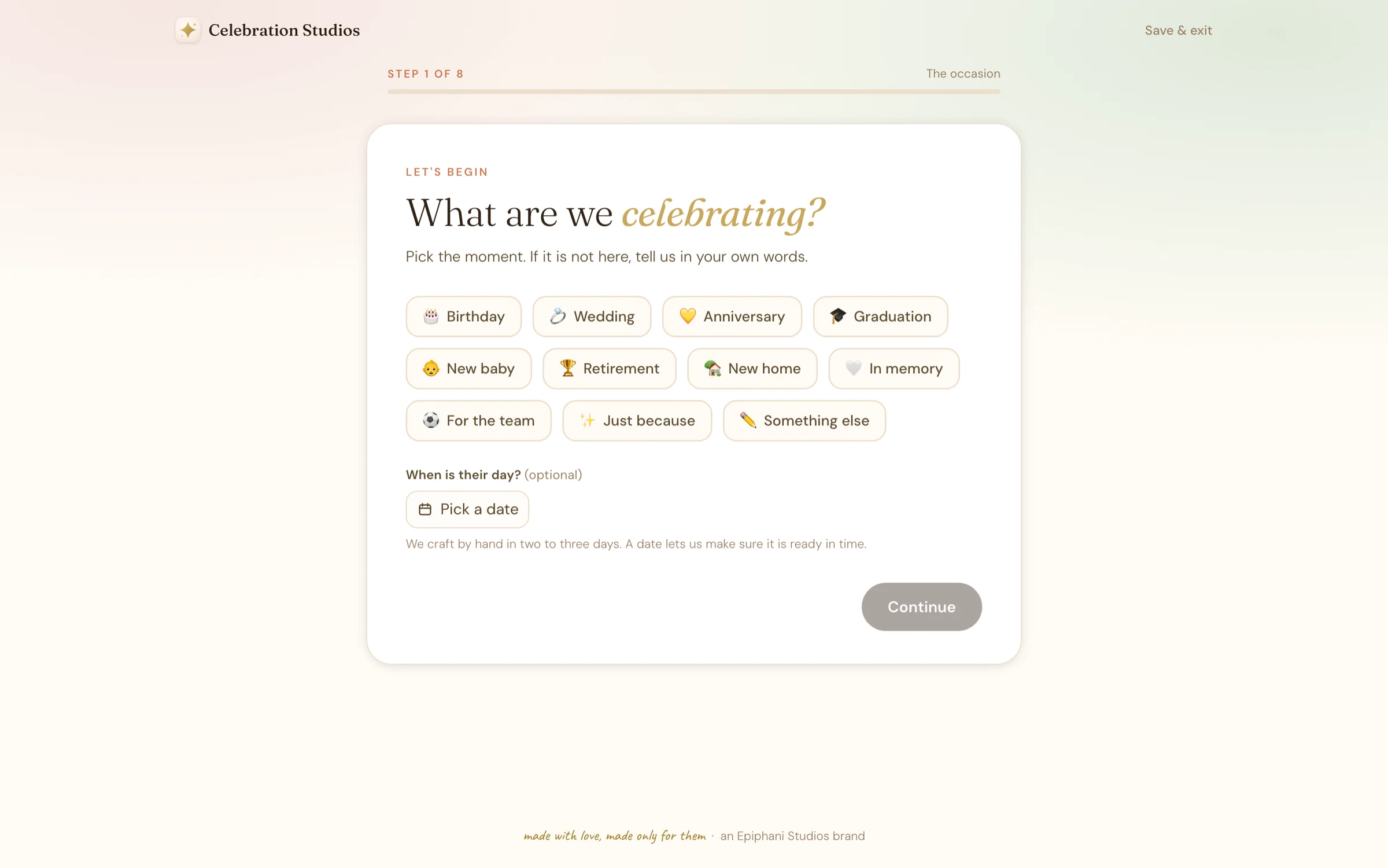 The Celebration Studios wizard asking What are we celebrating with occasion choices such as Birthday and Wedding