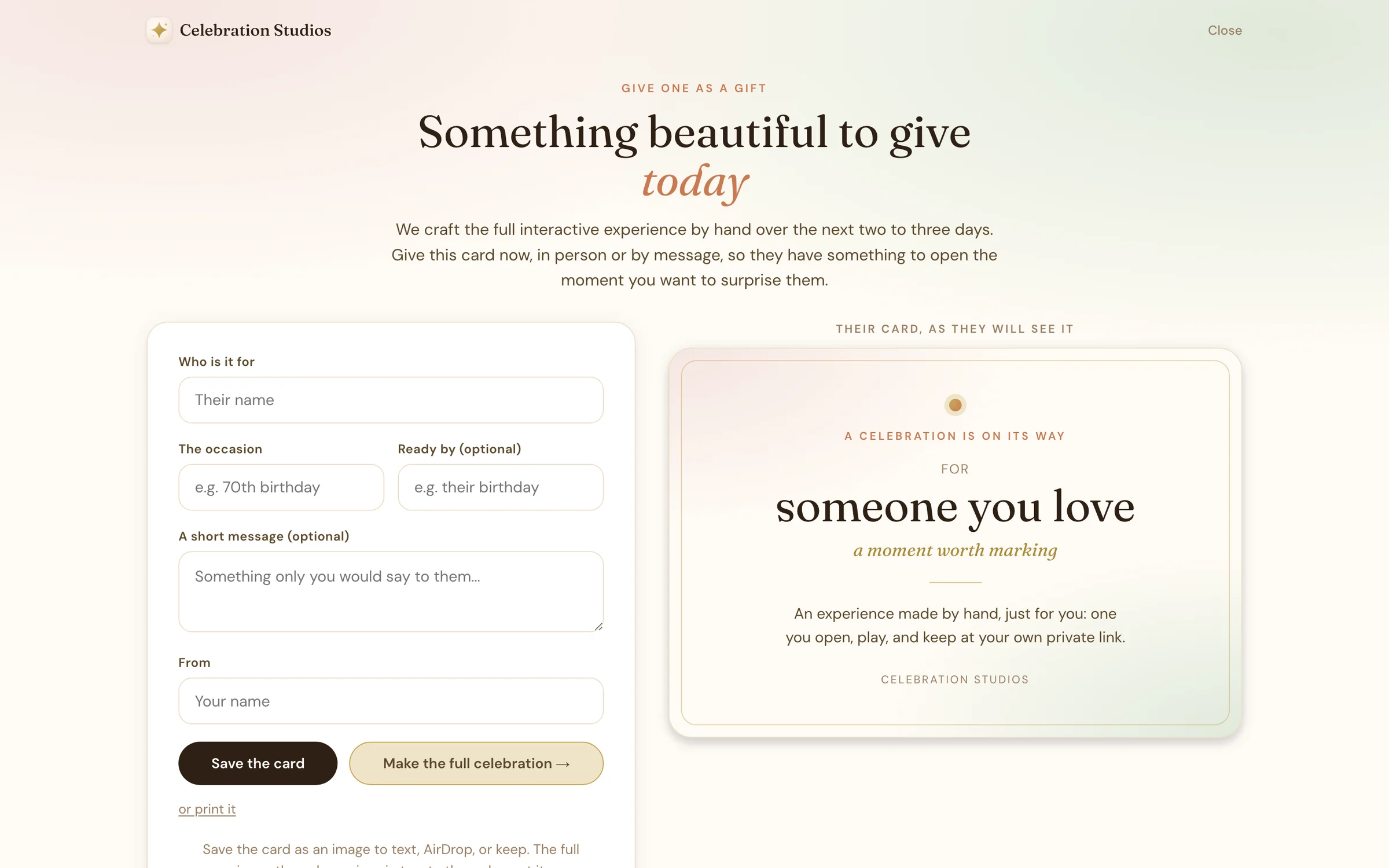 The Celebration Studios gift page with a form on the left and a preview of a gift card for someone you love on the right