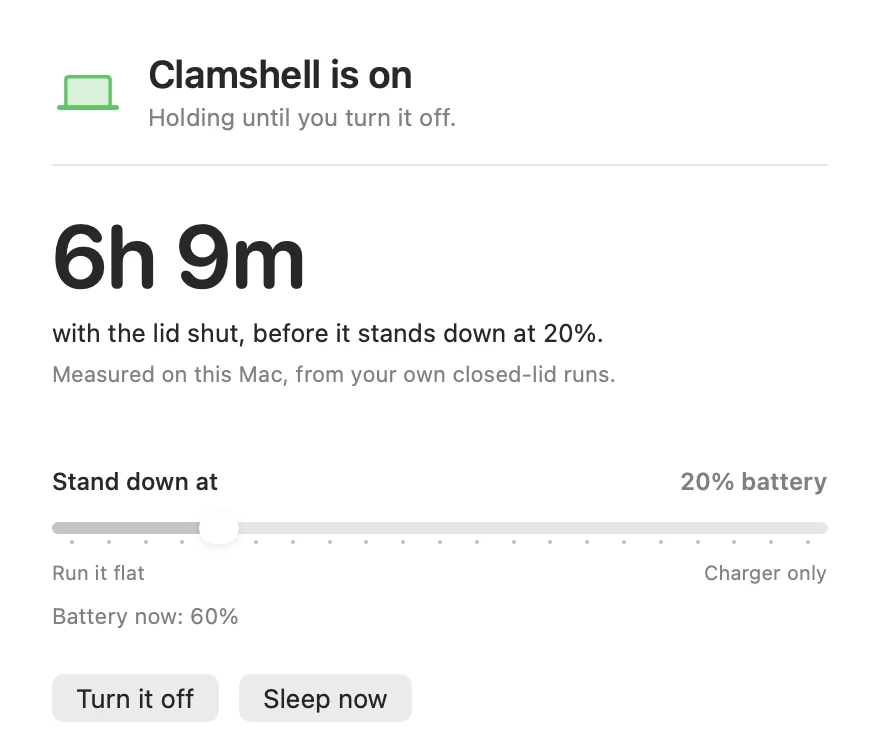 The Clamshell window showing a 6 hour 9 minute forecast with the lid shut, a stand-down dial set to 20 percent, and Turn it off and Sleep now buttons