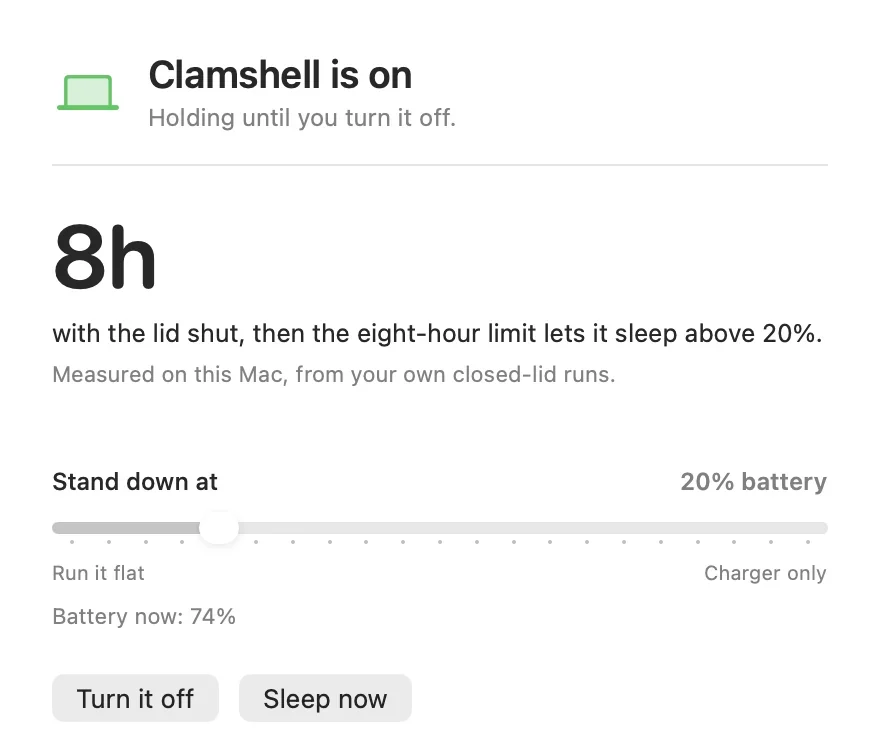 The Clamshell window showing an 8 hour forecast that ends at the eight-hour limit, with battery at 74 percent