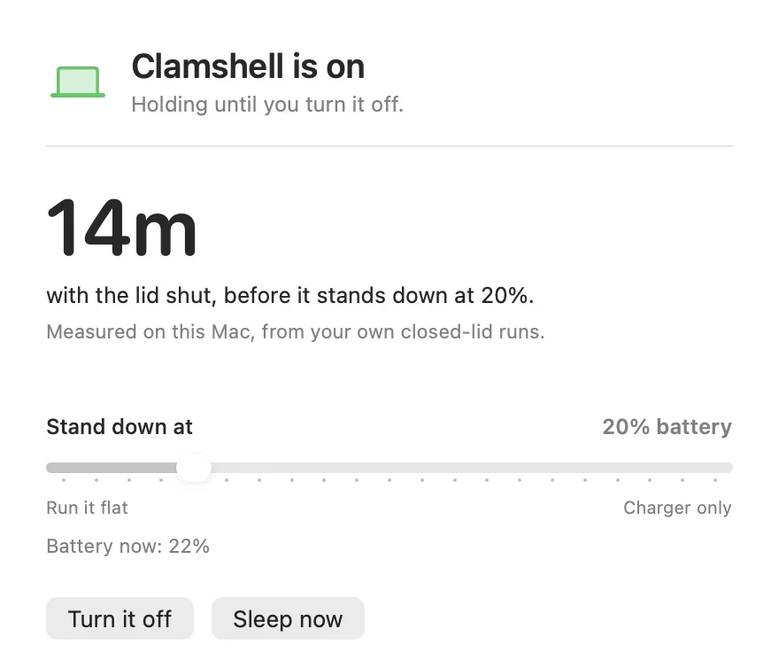 The Clamshell window showing a 14 minute forecast at 22 percent battery with the cutoff dial at 20 percent