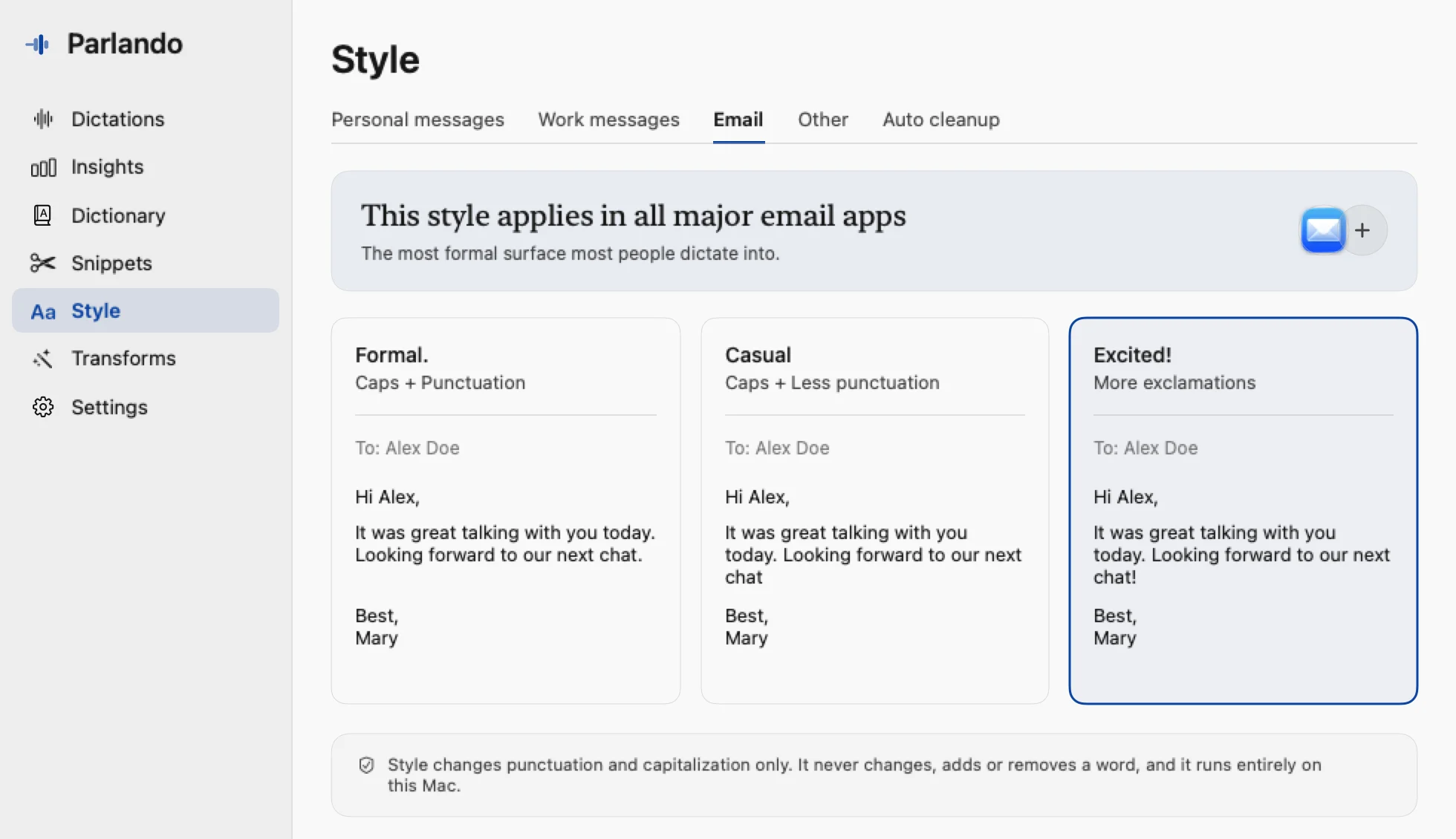 Parlando Style settings for email comparing Formal, Casual, and Excited tones on the same sample message