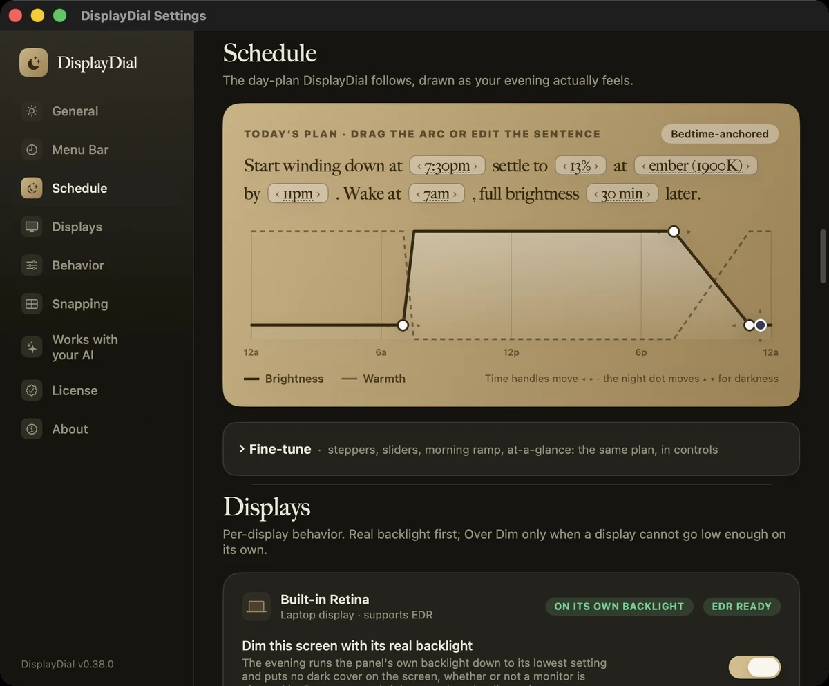 DisplayDial Schedule pane showing a draggable bedtime brightness and warmth curve across the day