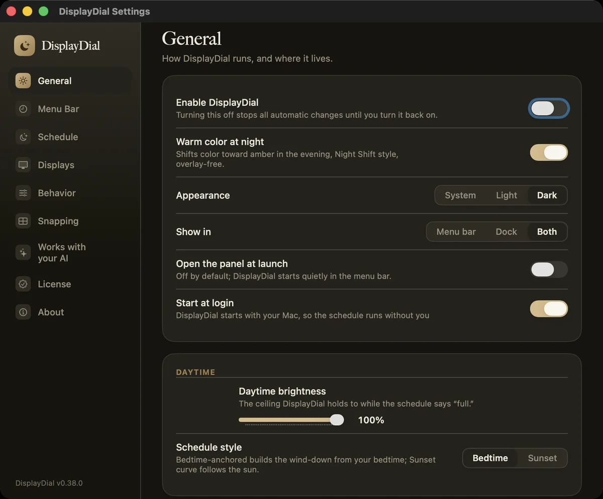 DisplayDial General settings pane with daytime brightness ceiling and bedtime or sunset schedule style