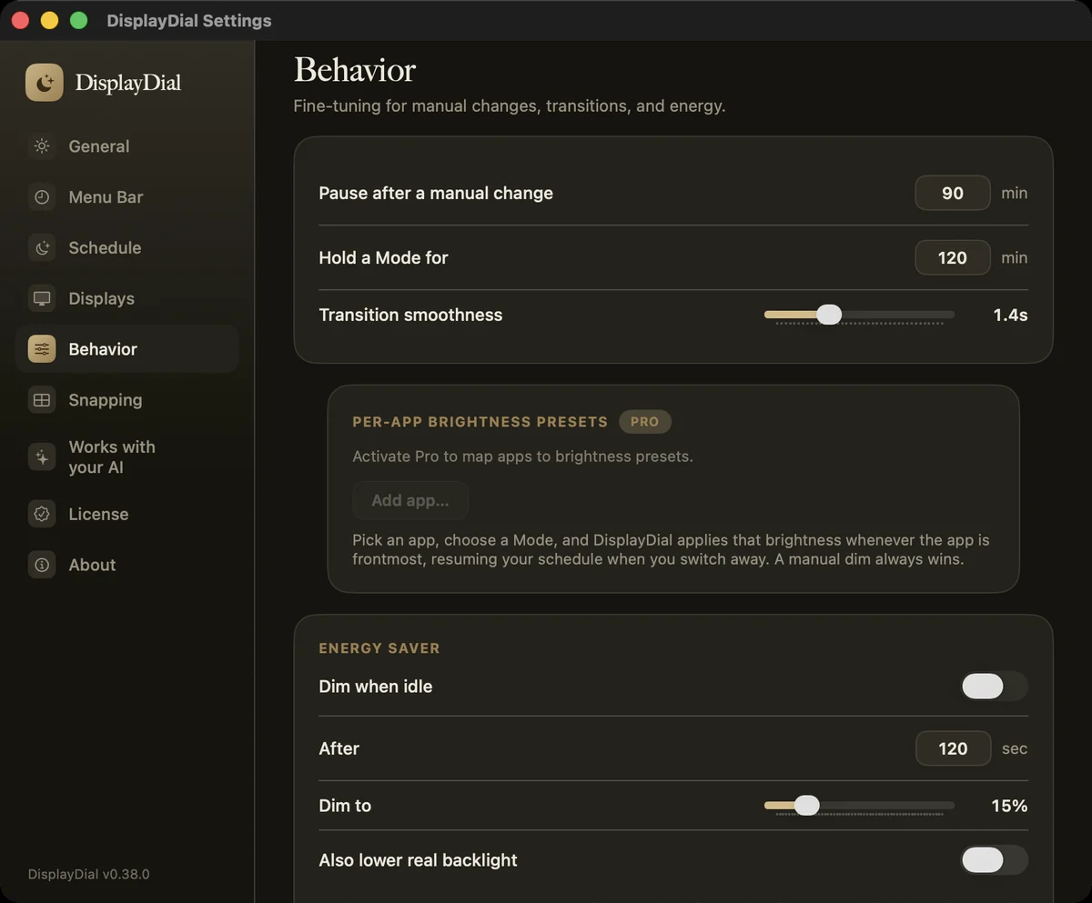 DisplayDial Behavior pane with manual change pause, mode hold time, and per-app brightness presets