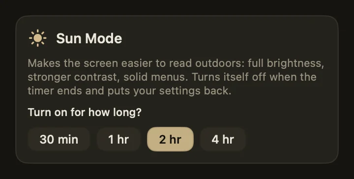 DisplayDial Sun Mode card offering a thirty minute to four hour outdoor brightness boost