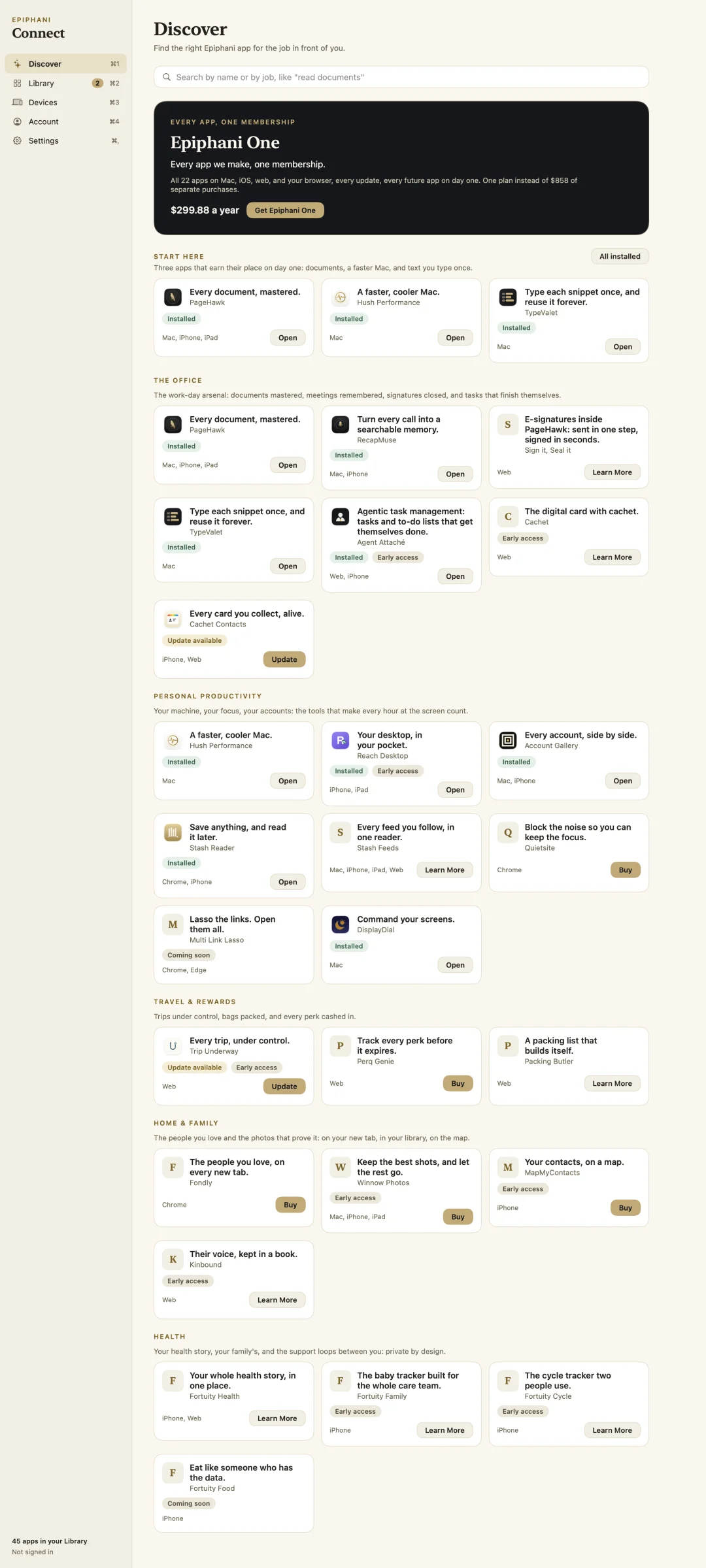 The Discover tab grouping Epiphani apps into sections like The Office, Personal Productivity, and Travel and Rewards, each showing install status