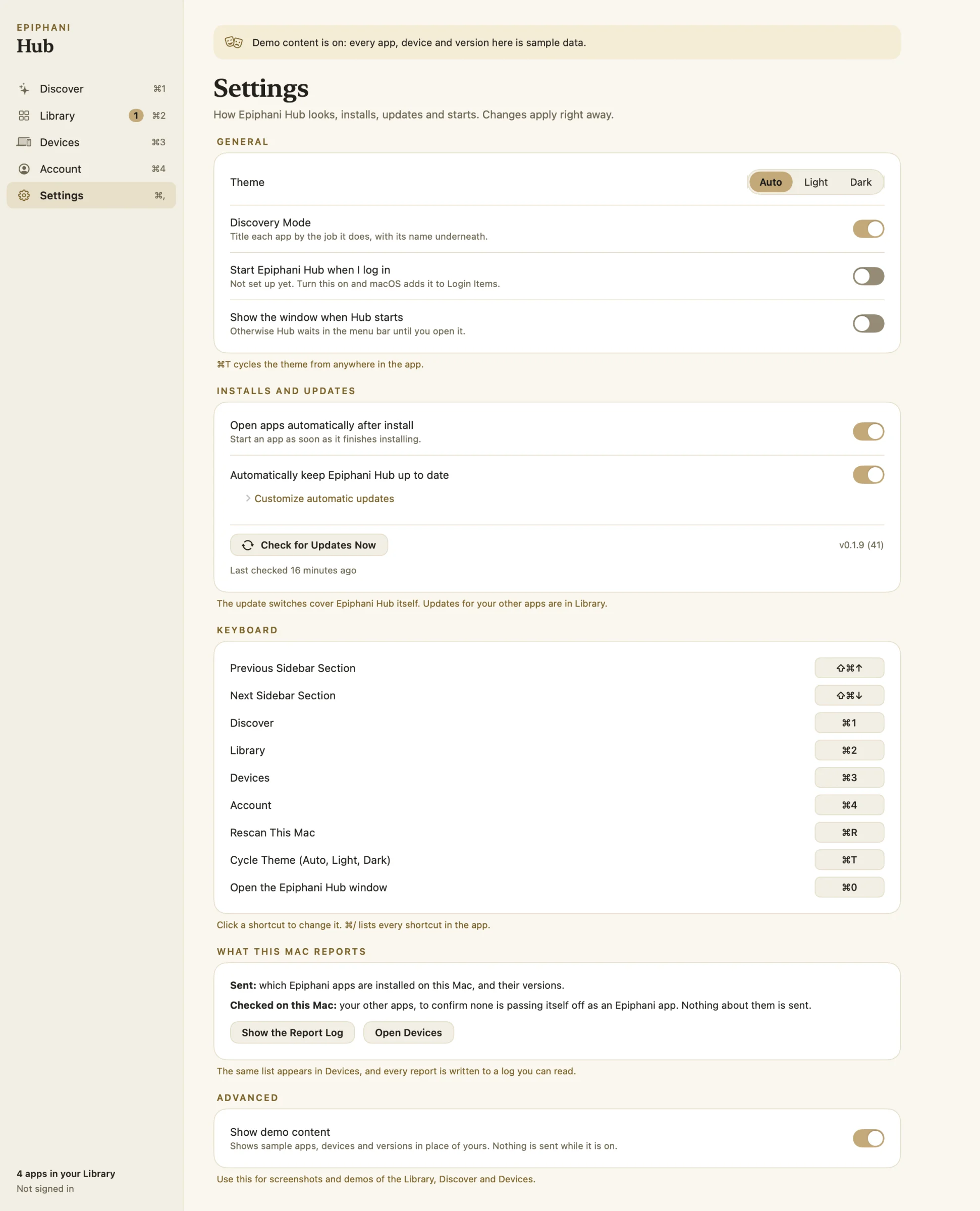 The Settings screen with theme, discovery mode, automatic update toggles, keyboard shortcuts, and what this Mac reports