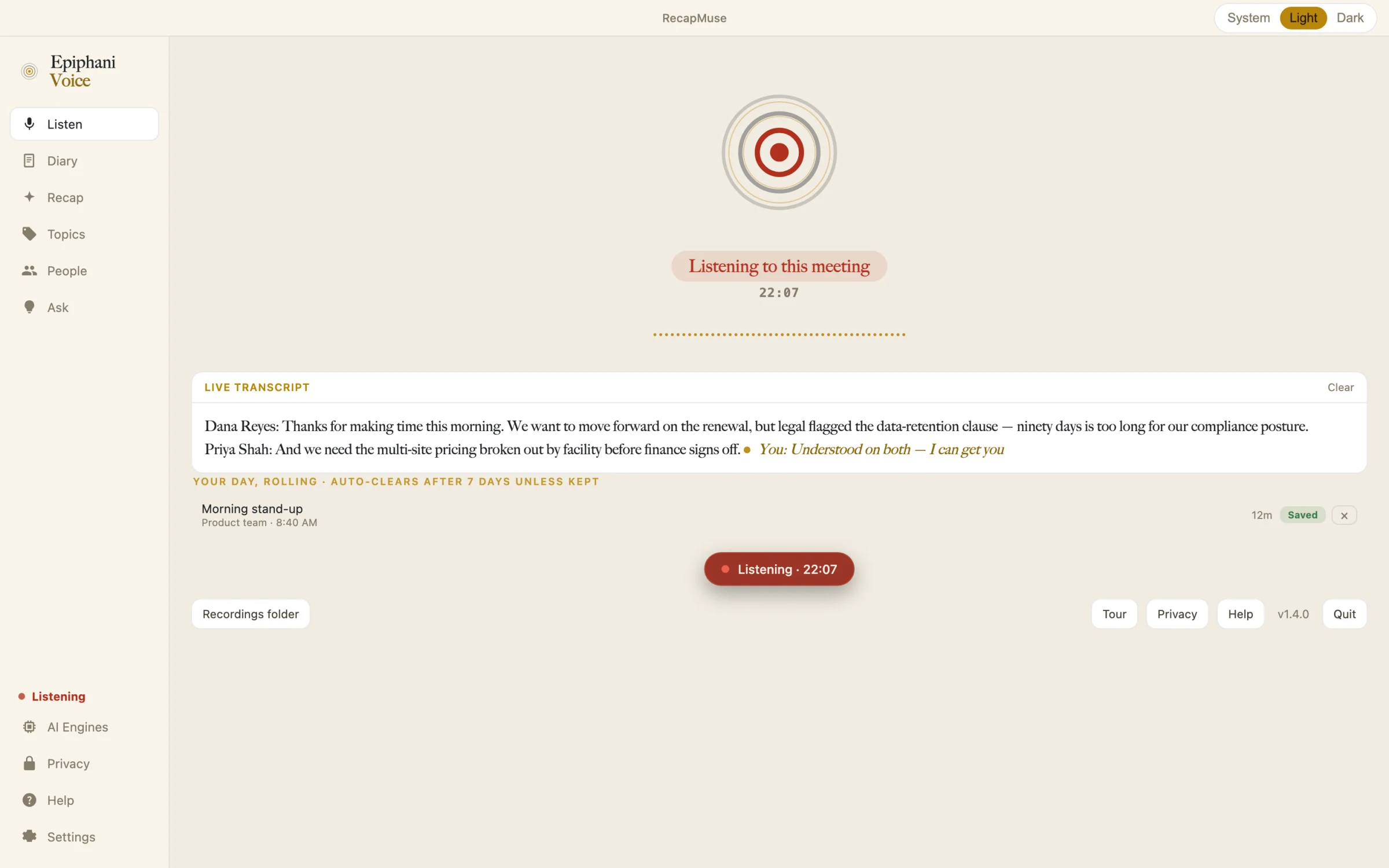 RecapMuse Listen screen showing a live transcript during a meeting with a running timer