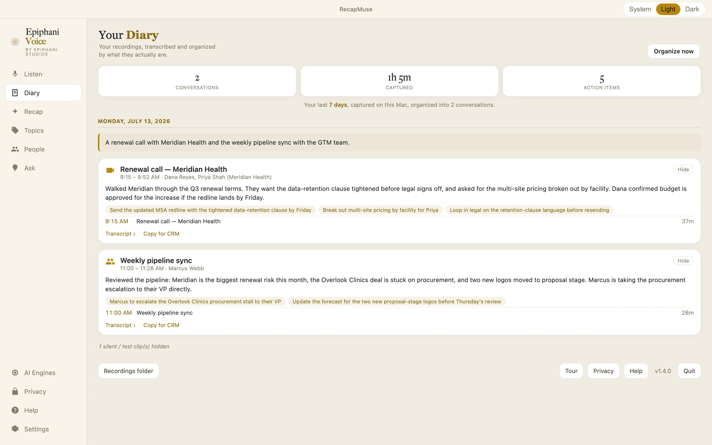 RecapMuse Diary view listing conversations by day with summaries and extracted action items